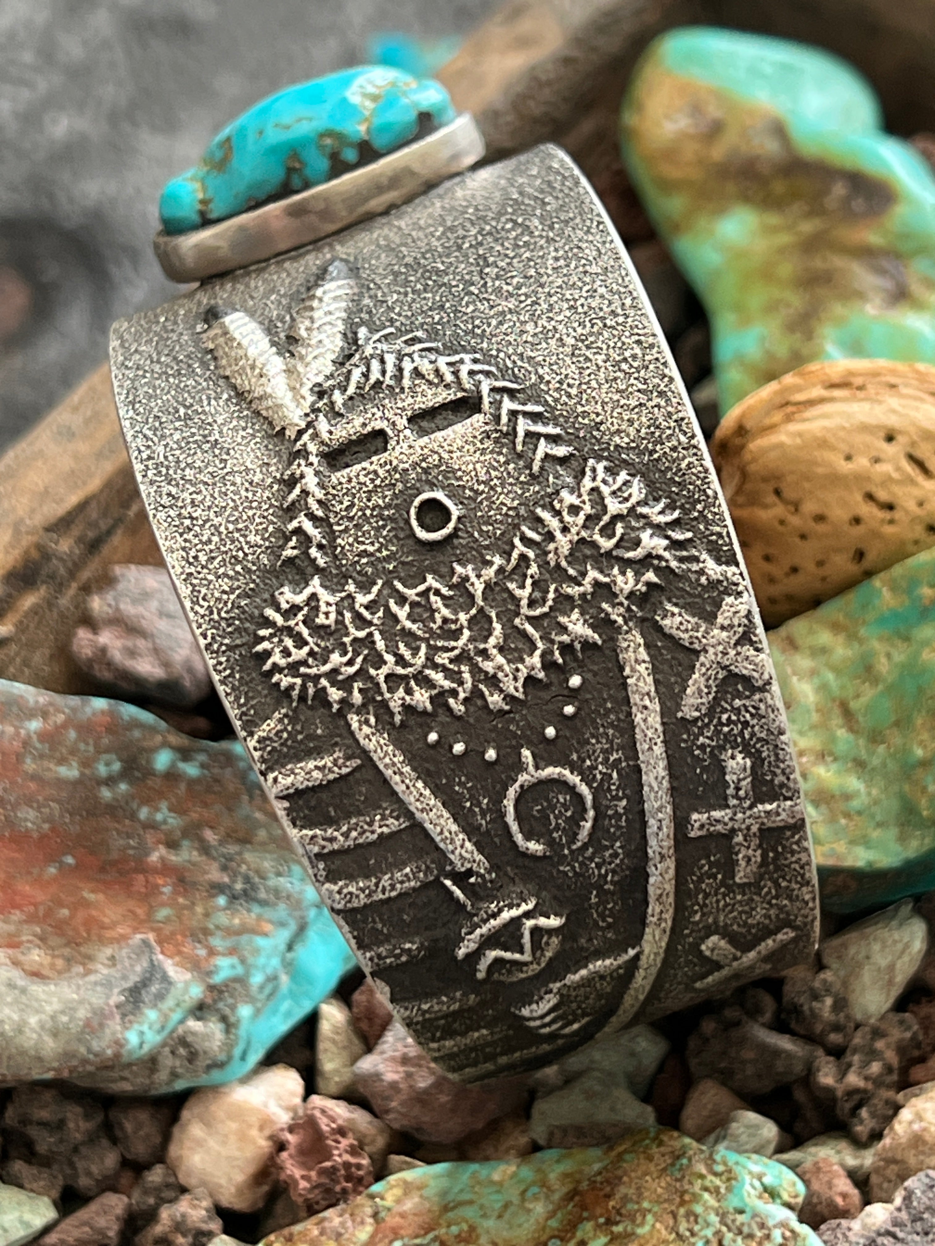 Navajo Tufa Cast Sterling Mudhead Cuff Bracelet with Kingman Turquoise by Lee Begay