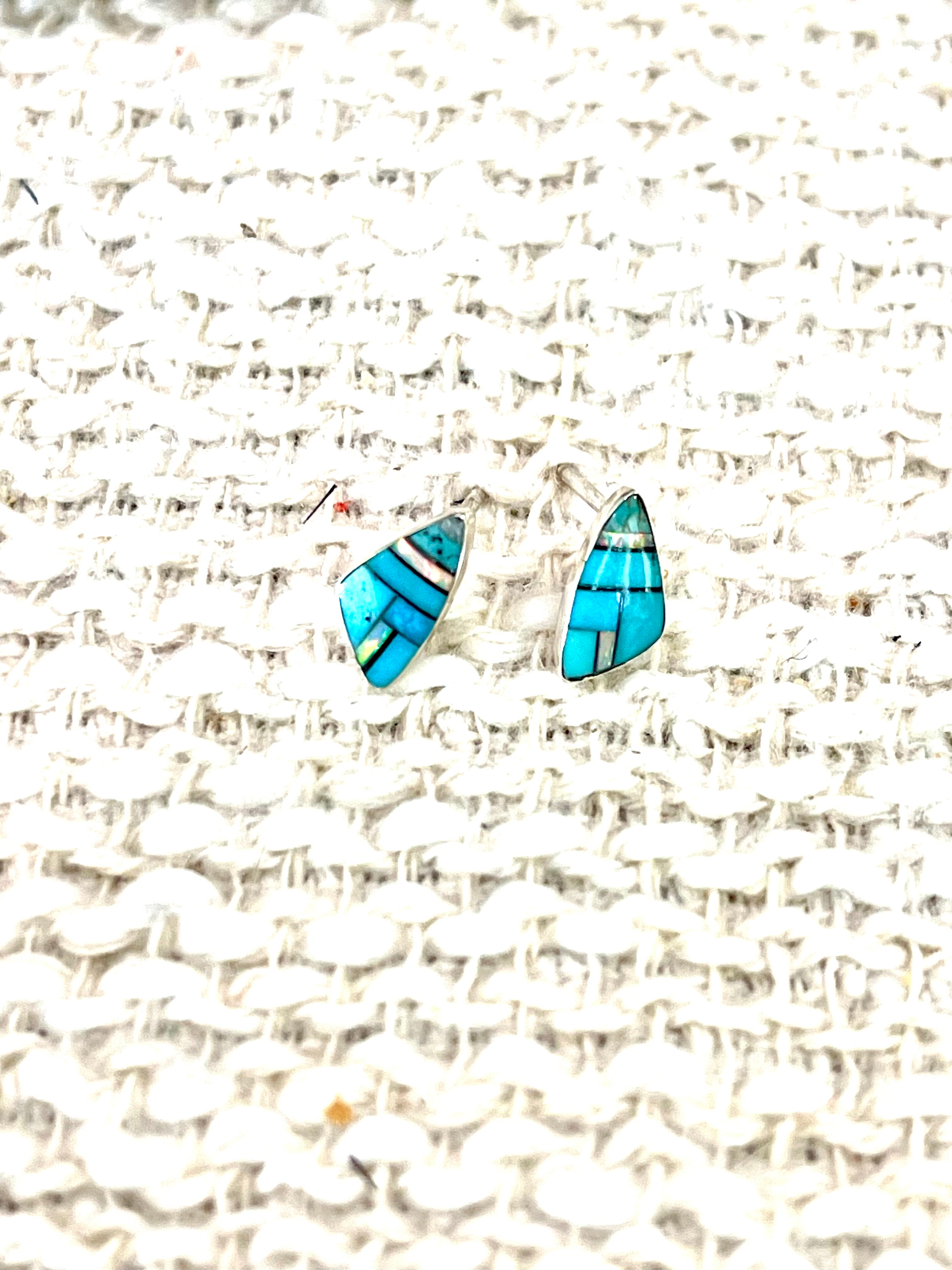 Beautiful Handmade Sterling Silver & Turquoise Inlay Stud Earrings