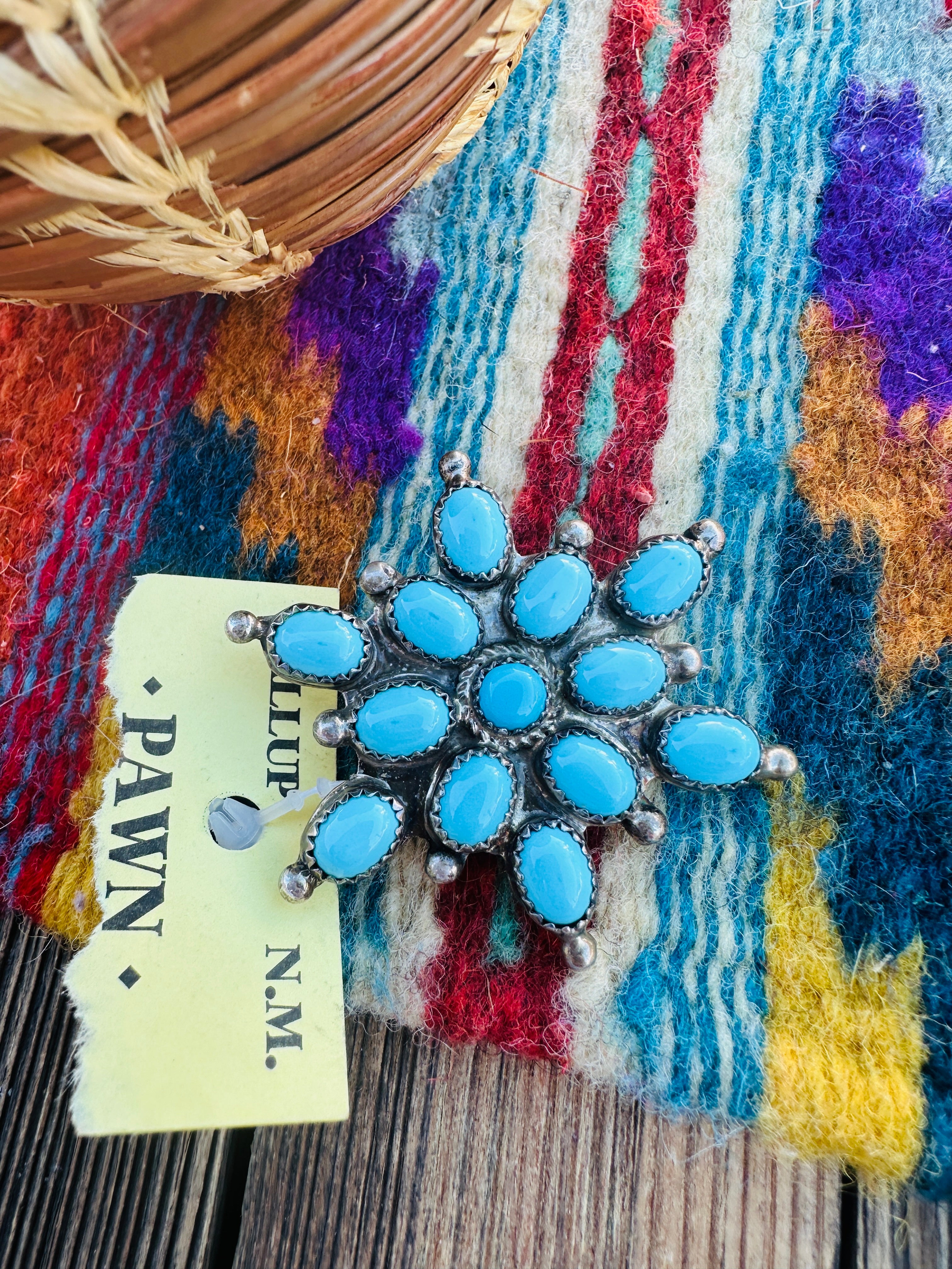 Old Pawn Handcrafted Turquoise and Sterling Silver Cluster Brooch