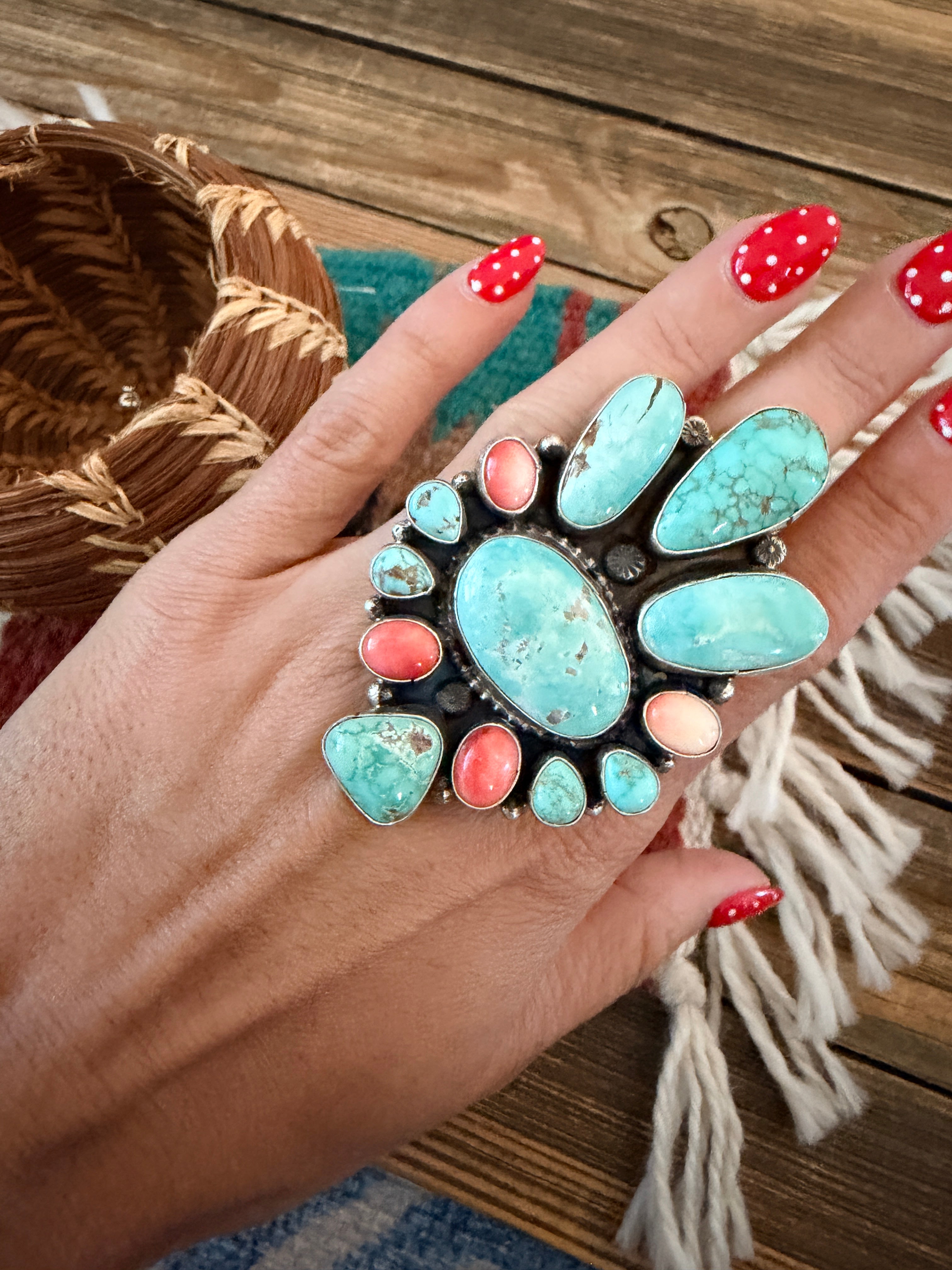 Handcrafted Spiny Oyster, Turquoise & Sterling Silver Cluster Ring by Sheila Becenti Size 7