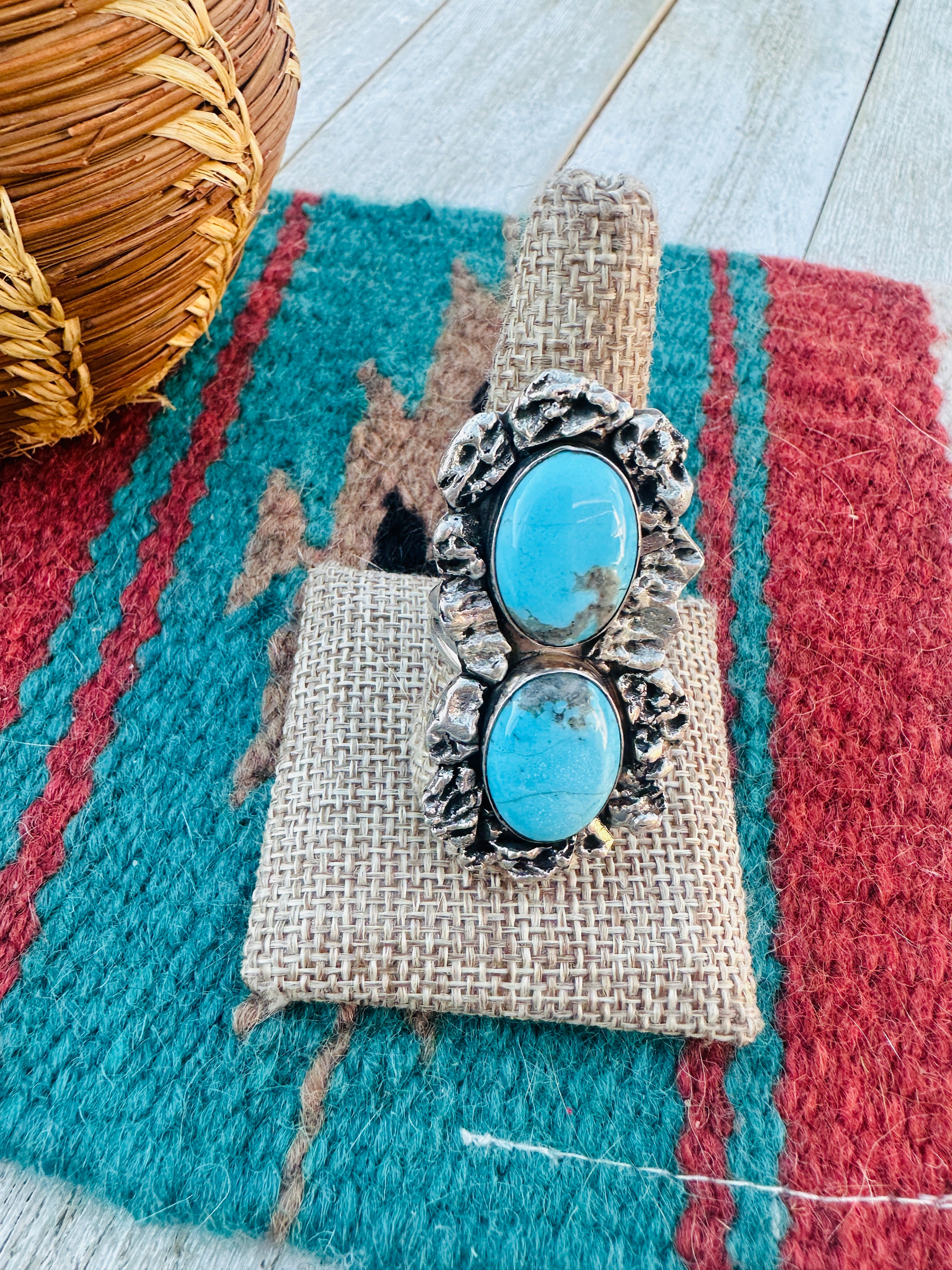 Old Pawn Handcrafted Turquoise & Sterling Silver Ring Size 10