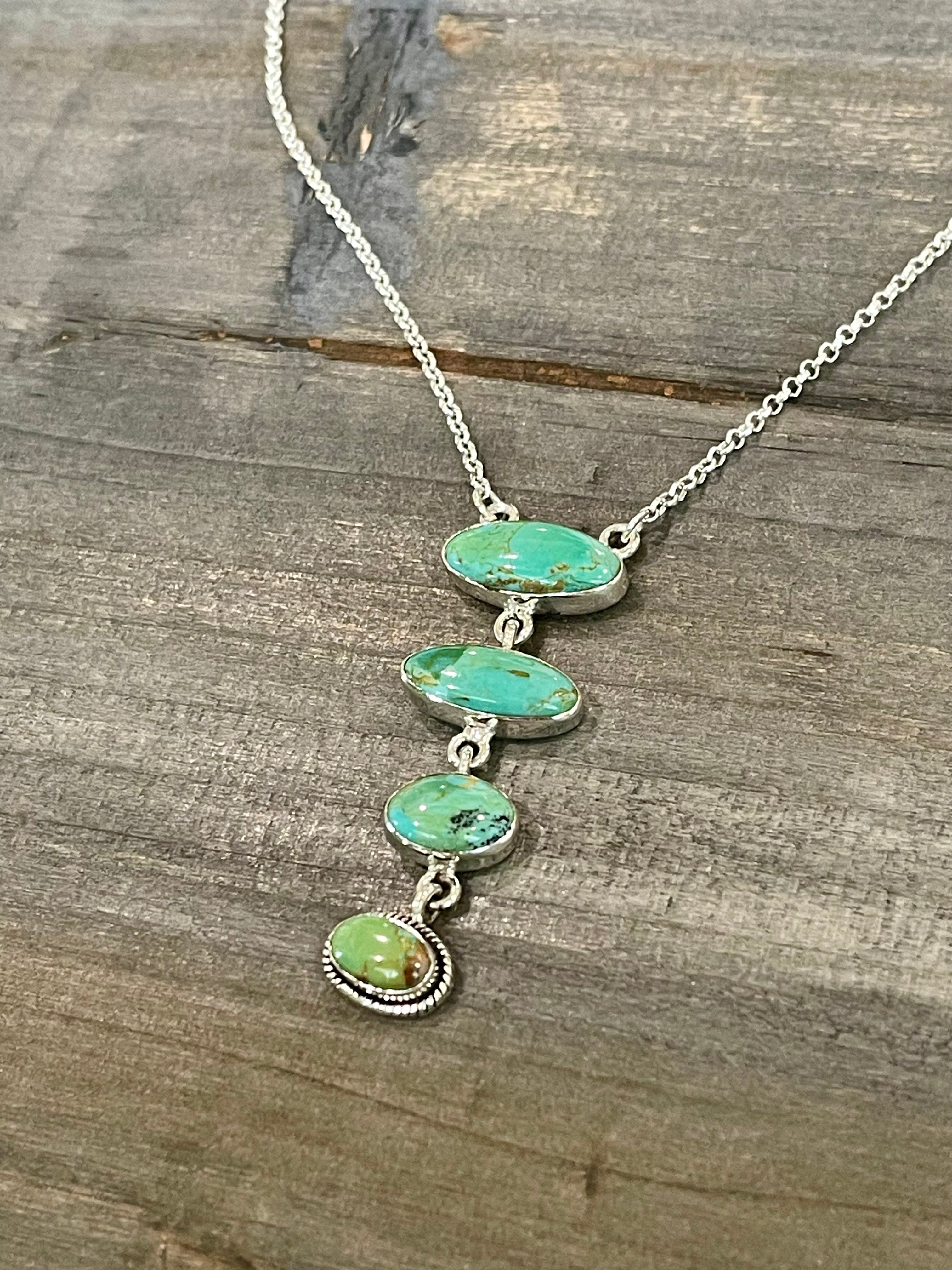 Handmade Sterling Silver & Royston Turquoise 4 Stone Drop Necklace Signed Nizhoni