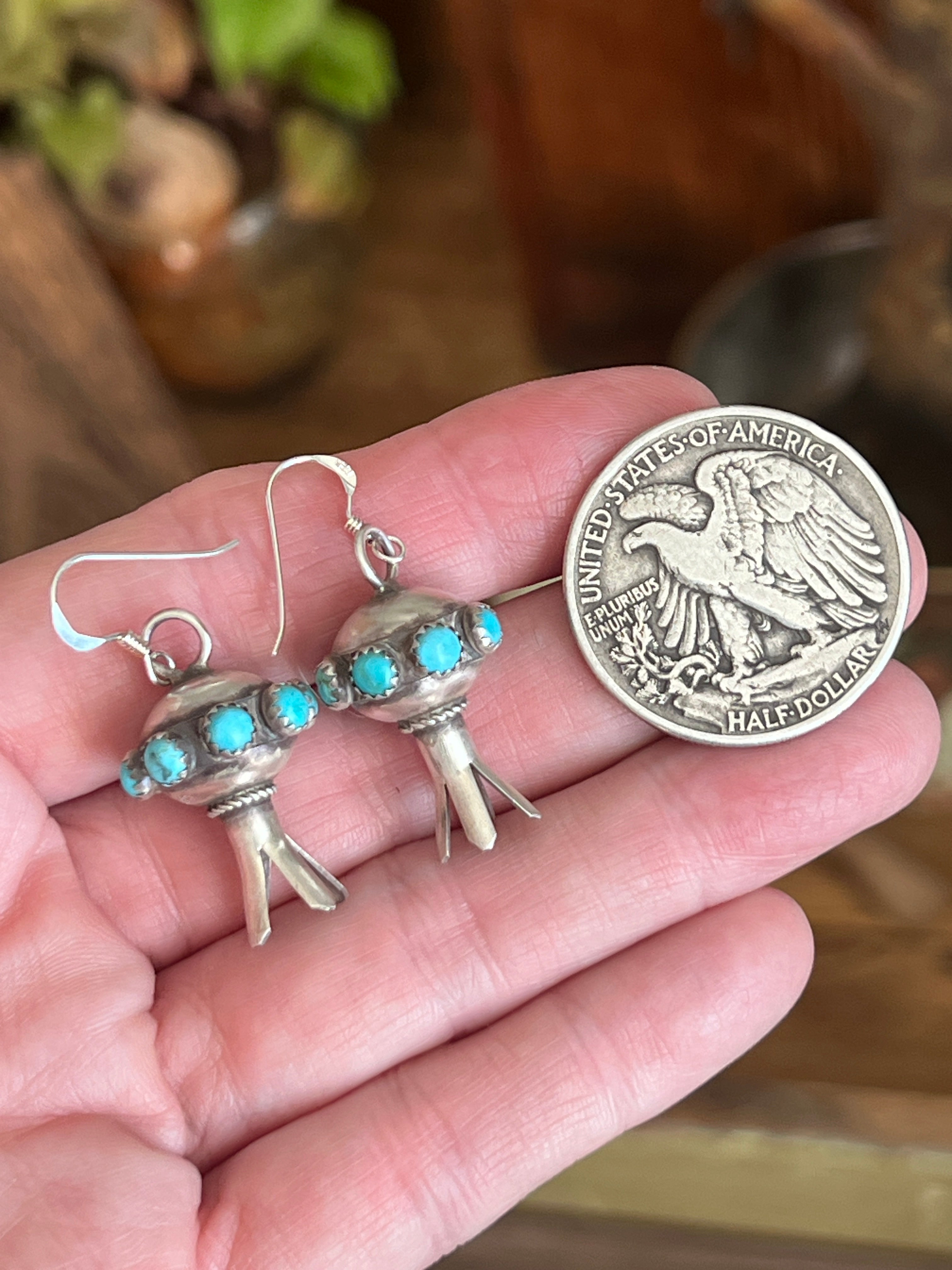 Handcrafted Sterling Silver Blossom Dangle Earrings with Turquoise by Monica Smith