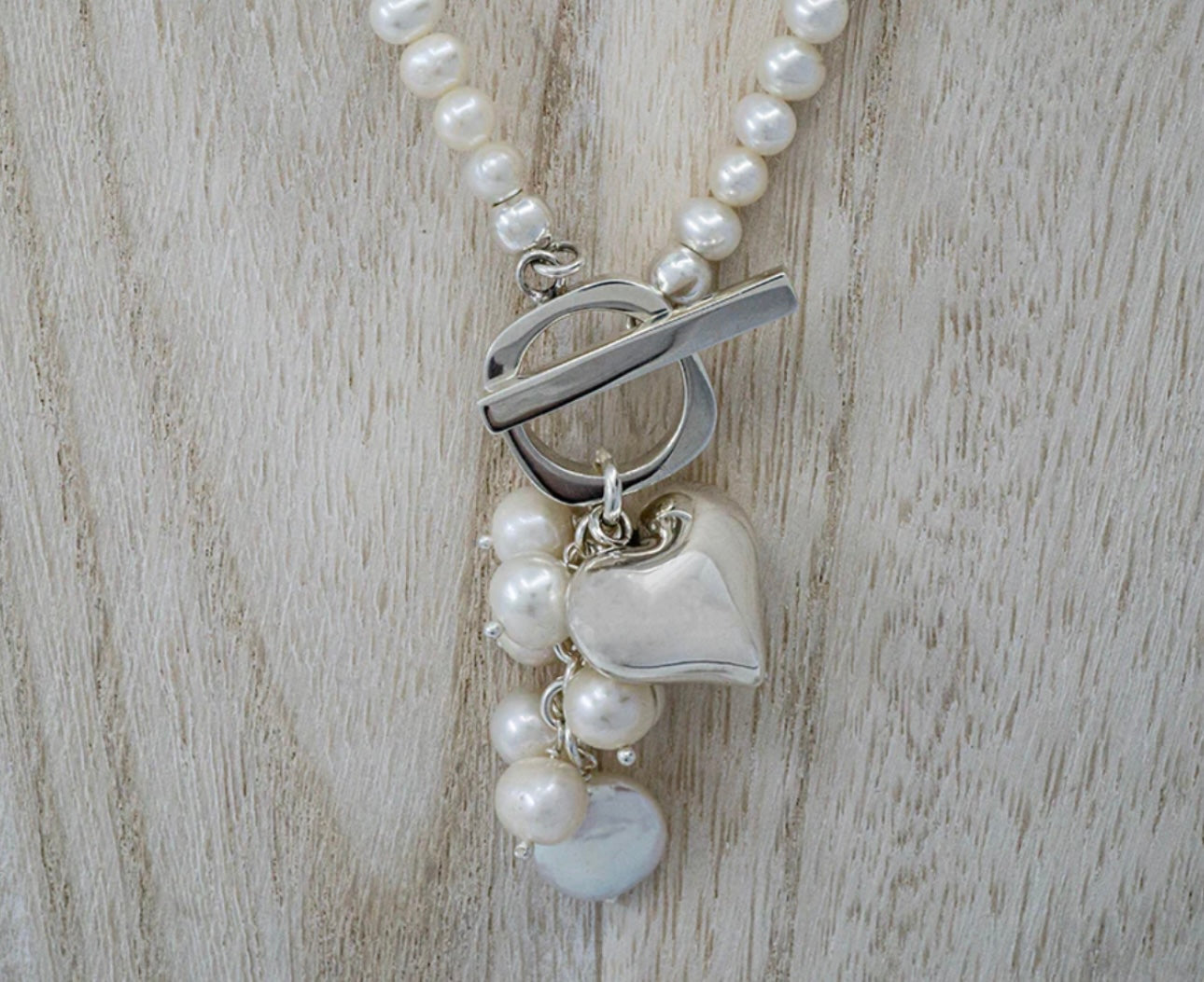 Pearl Cluster Necklace Sterling Silver Heart & Toggle