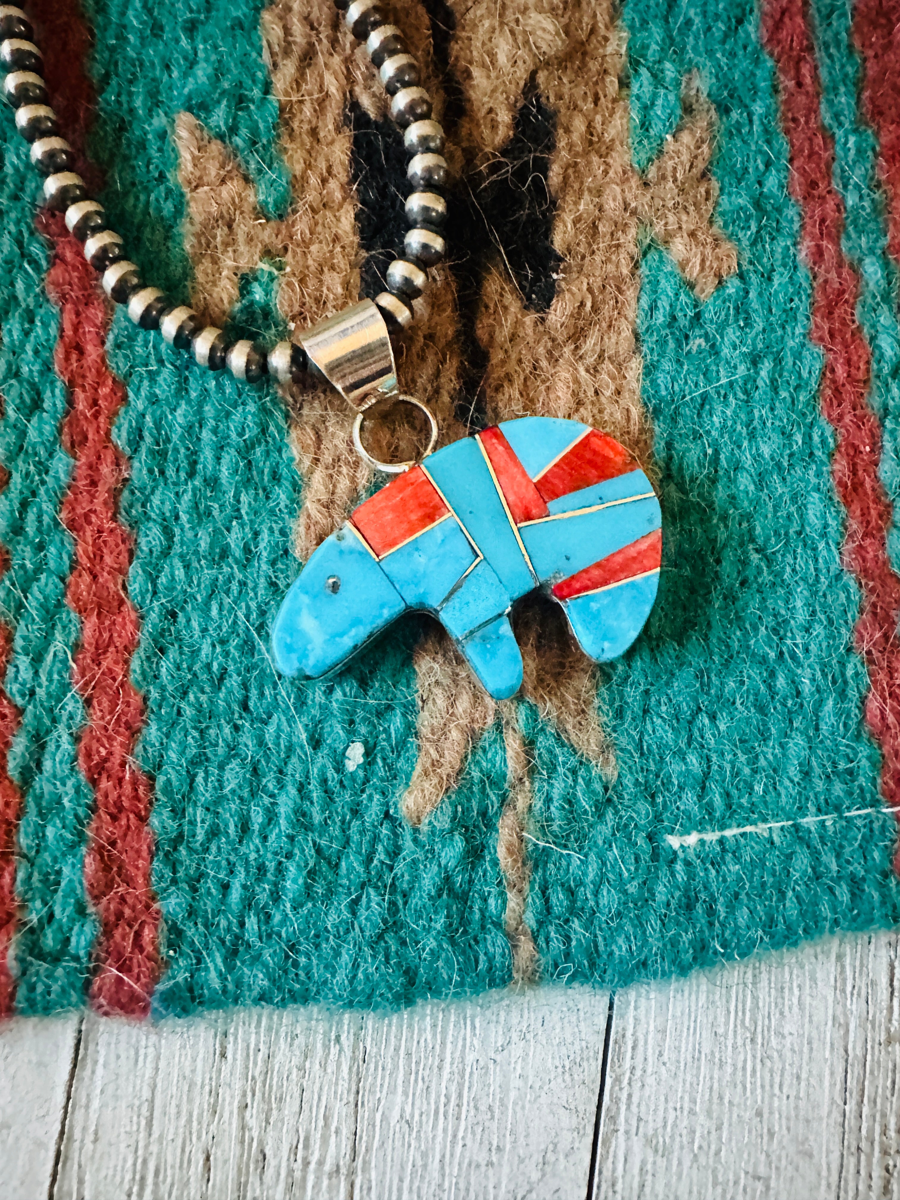 Handcrafted Turquoise, Spiny & Sterling Silver Inlay Fetish Bear Pendant