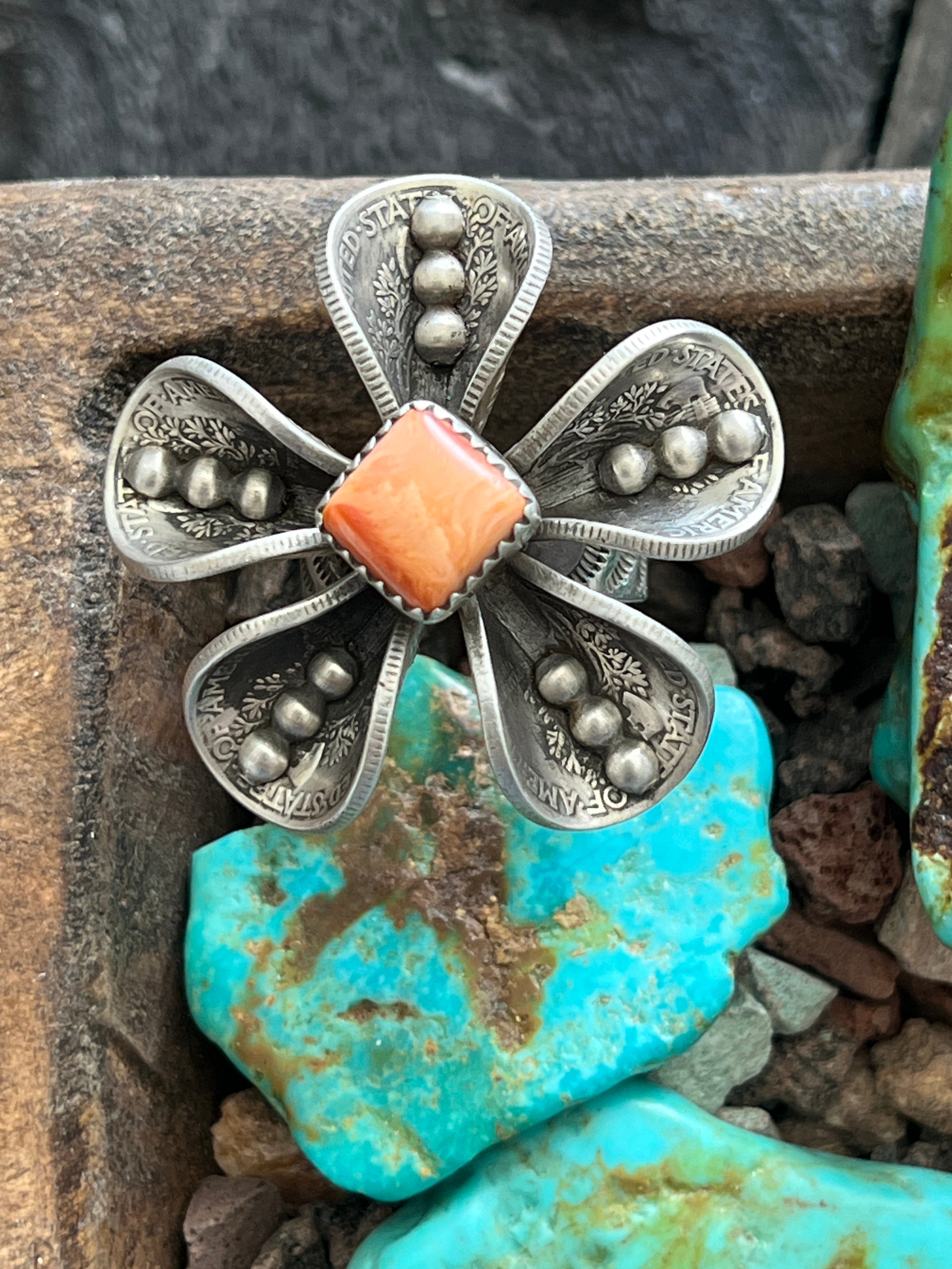 Handcrafted Sterling and Coin Silver Mercury Dime Flower Ring with Orange Spiny Oyster by James Begay, Adjustable