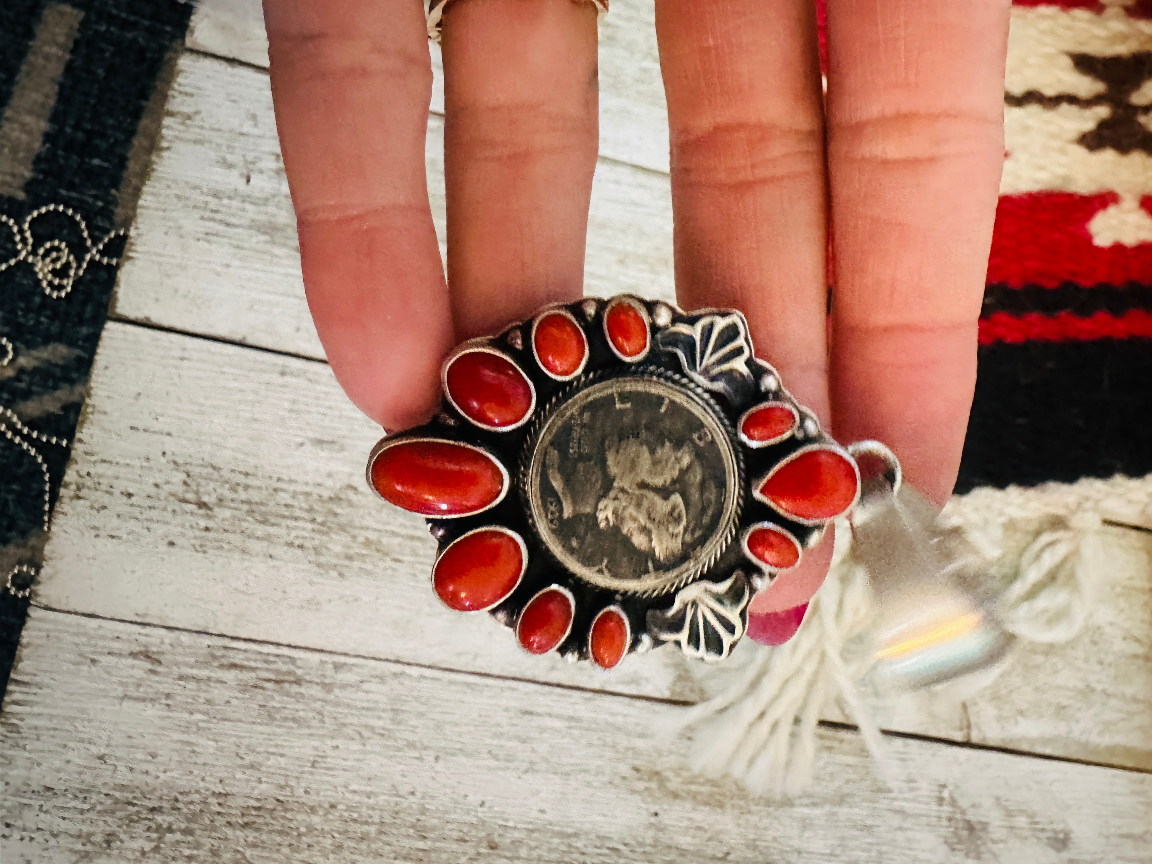 Handcrafted Sterling Silver and Coral Liberty Coin Pendant by Randy Boyd
