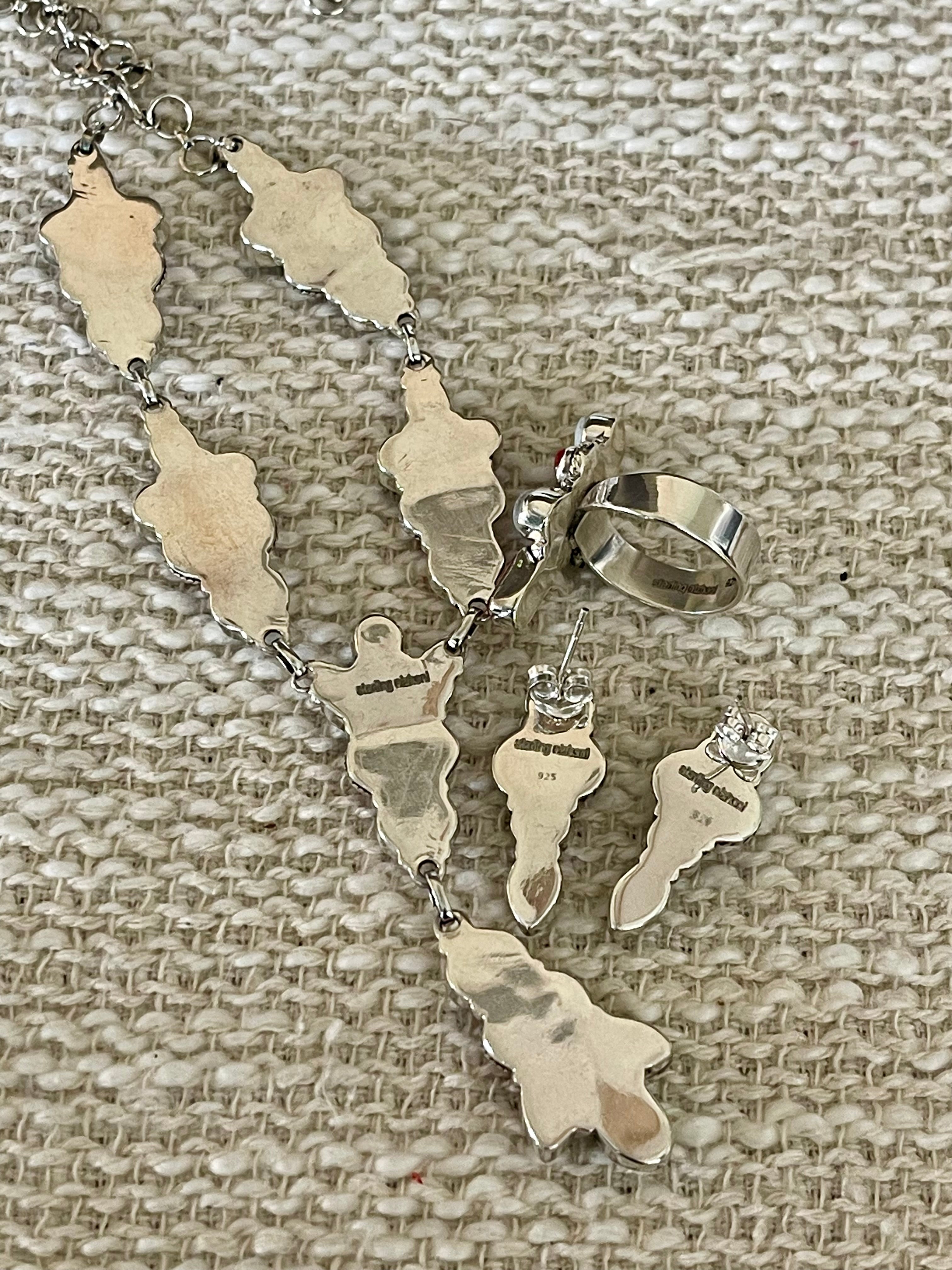 ** 4TH OF JULY ** Handmade Sterling , Silver Synthetic Opal & Coral Necklace, Earring & Ring Set with Signed Nizhoni