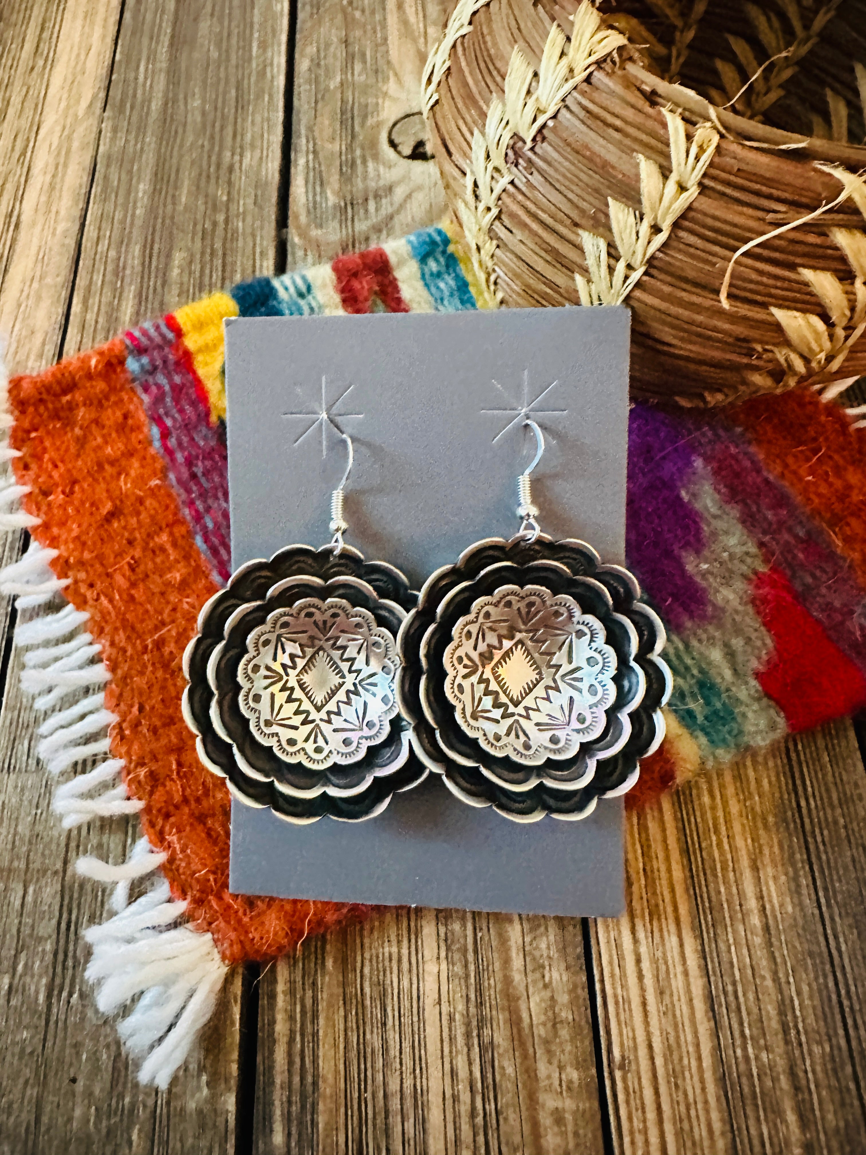 Handcrafted Sterling Silver Concho Dangle Earrings by Leander Tahe