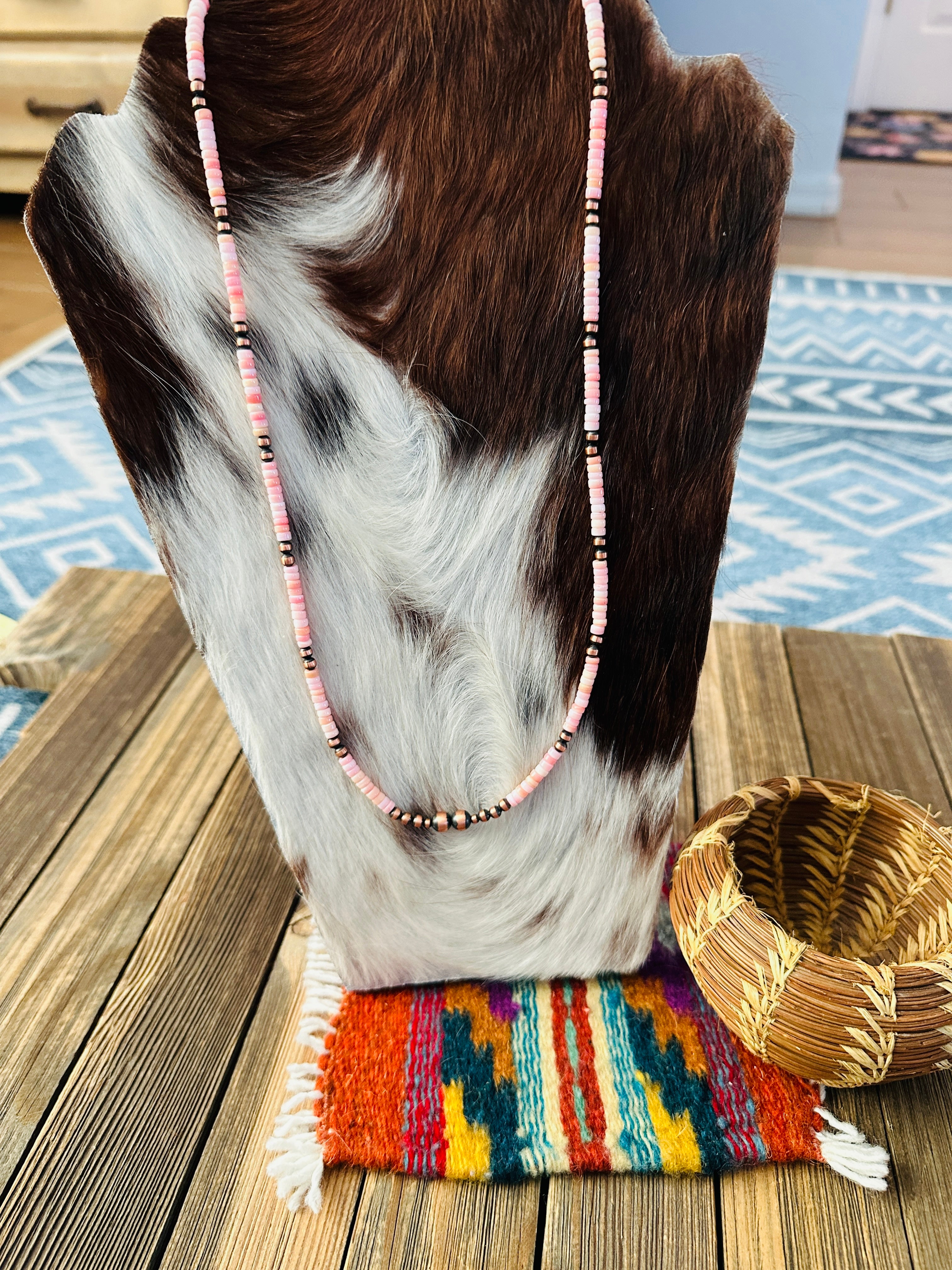 Handcrafted Queen Pink Conch & Copper 24” Beaded Necklace