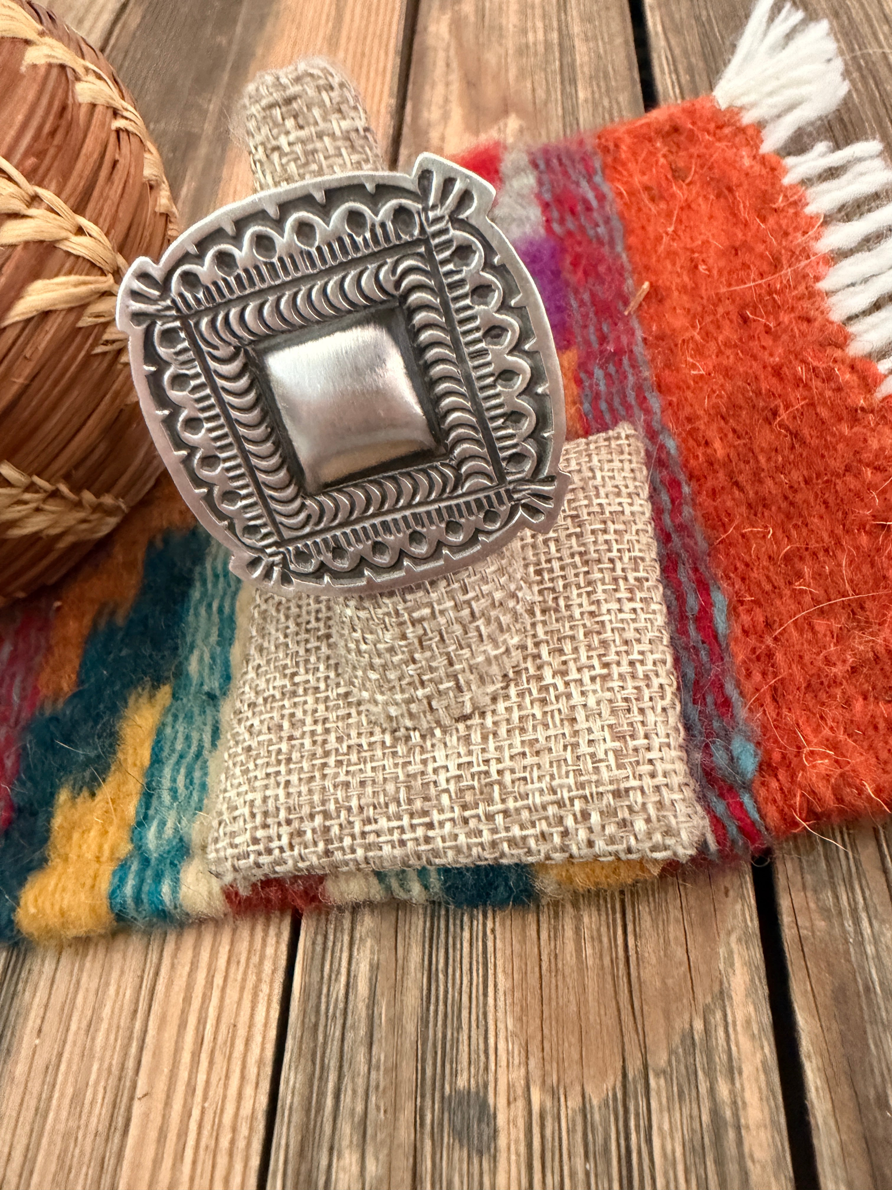 Handcrafted Sterling Silver Adjustable Concho Ring by Leander Tahe
