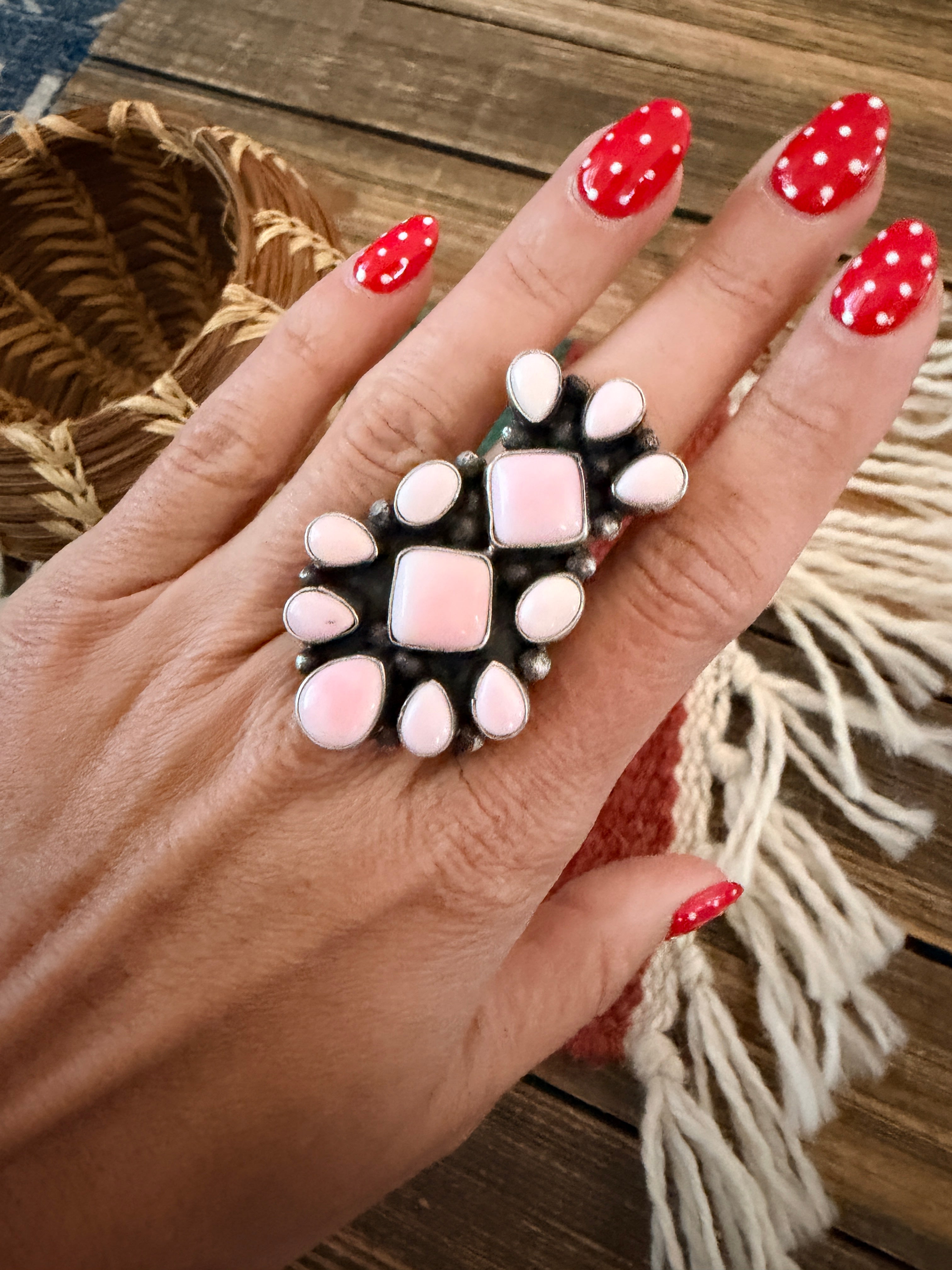 Handcrafted Queen Pink Conch & Sterling Silver Cluster Ring by Travis Jim