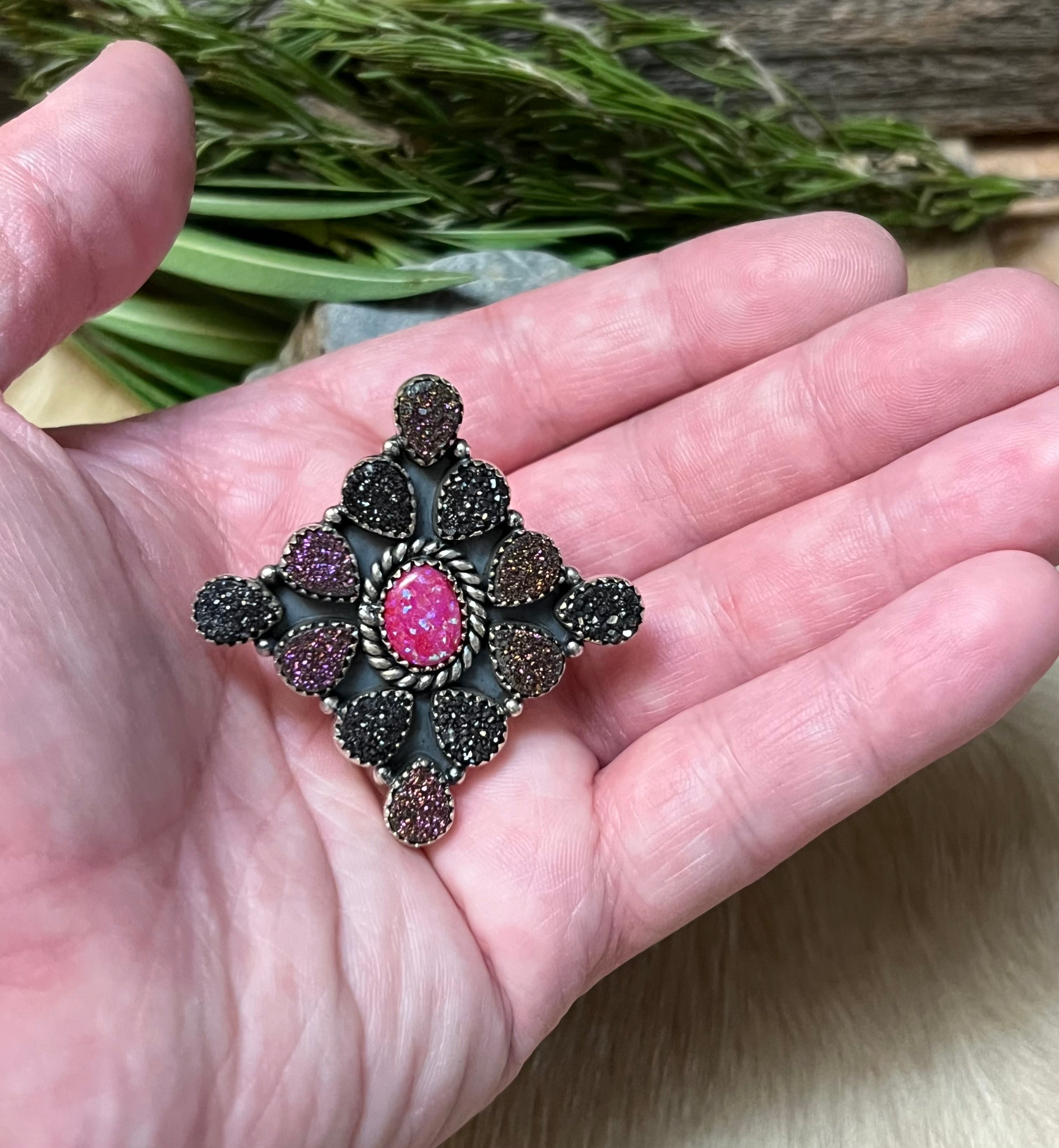 Handmade Pink Opal With Black & Purple Druzy Sterling Silver Adjustable Statement Ring