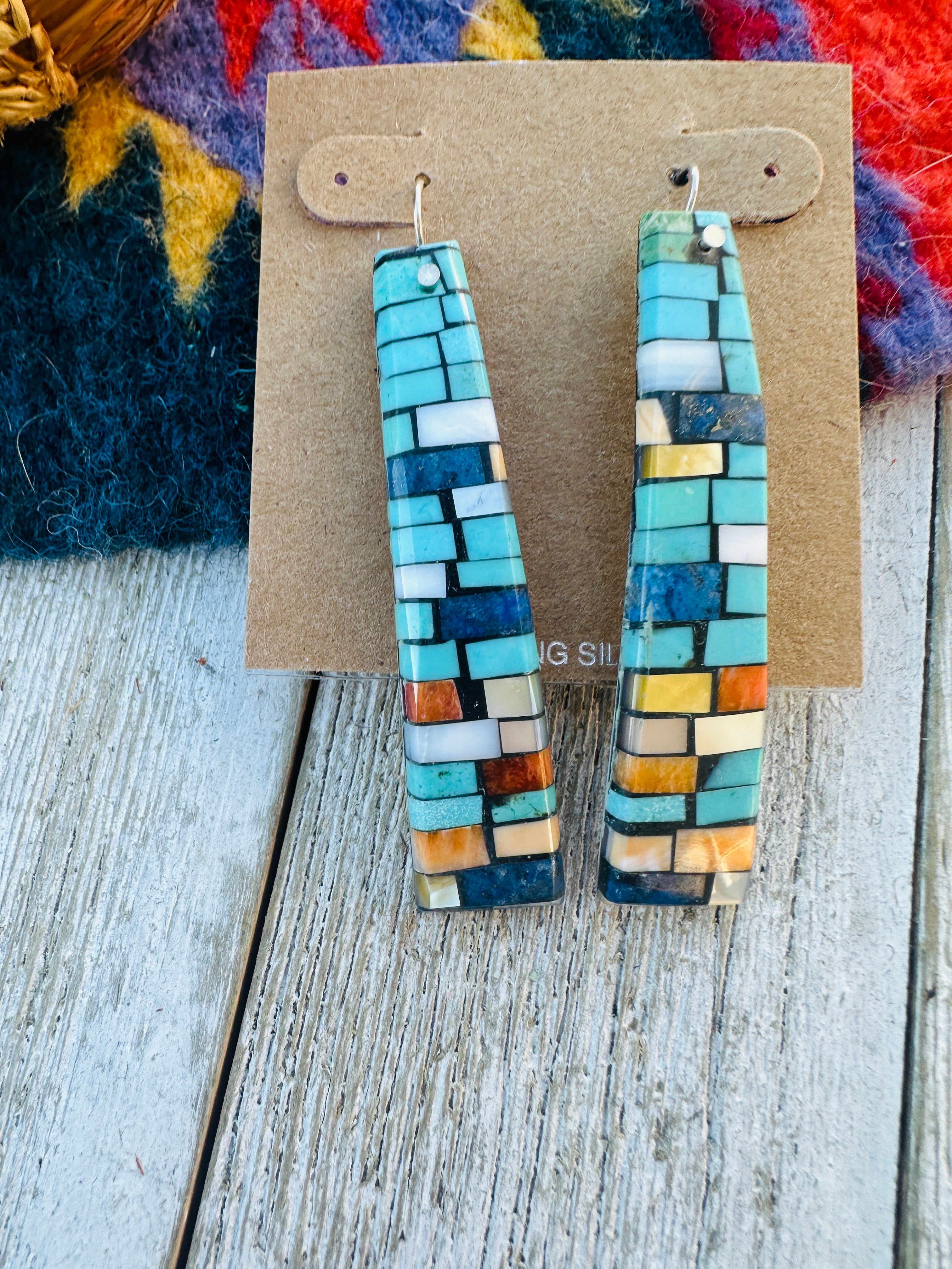 Handcrafted Multi Stone Inlay Shell Dangle Earrings