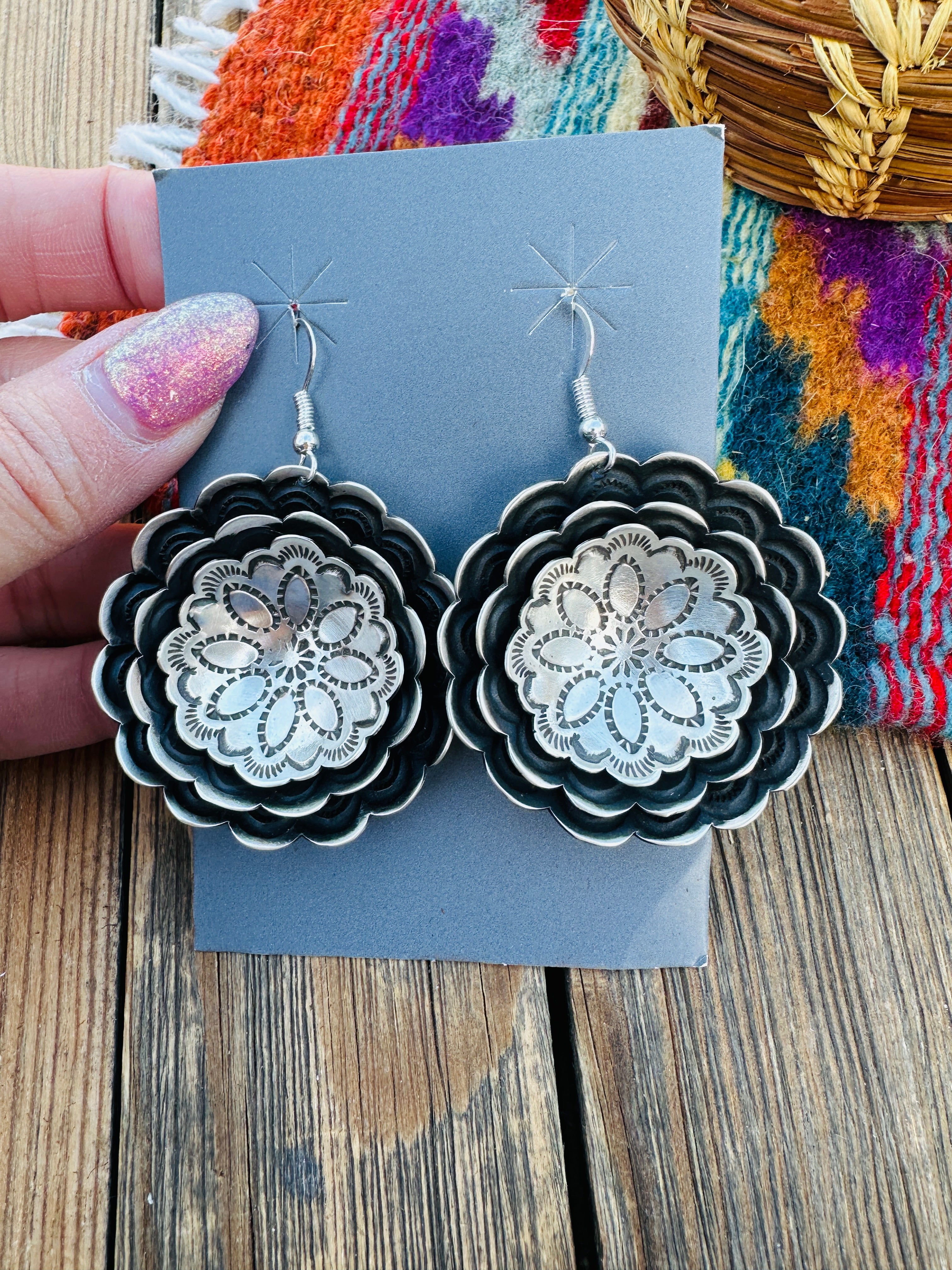 Handcrafted Sterling Silver Concho Dangle Earrings by Leander Tahe