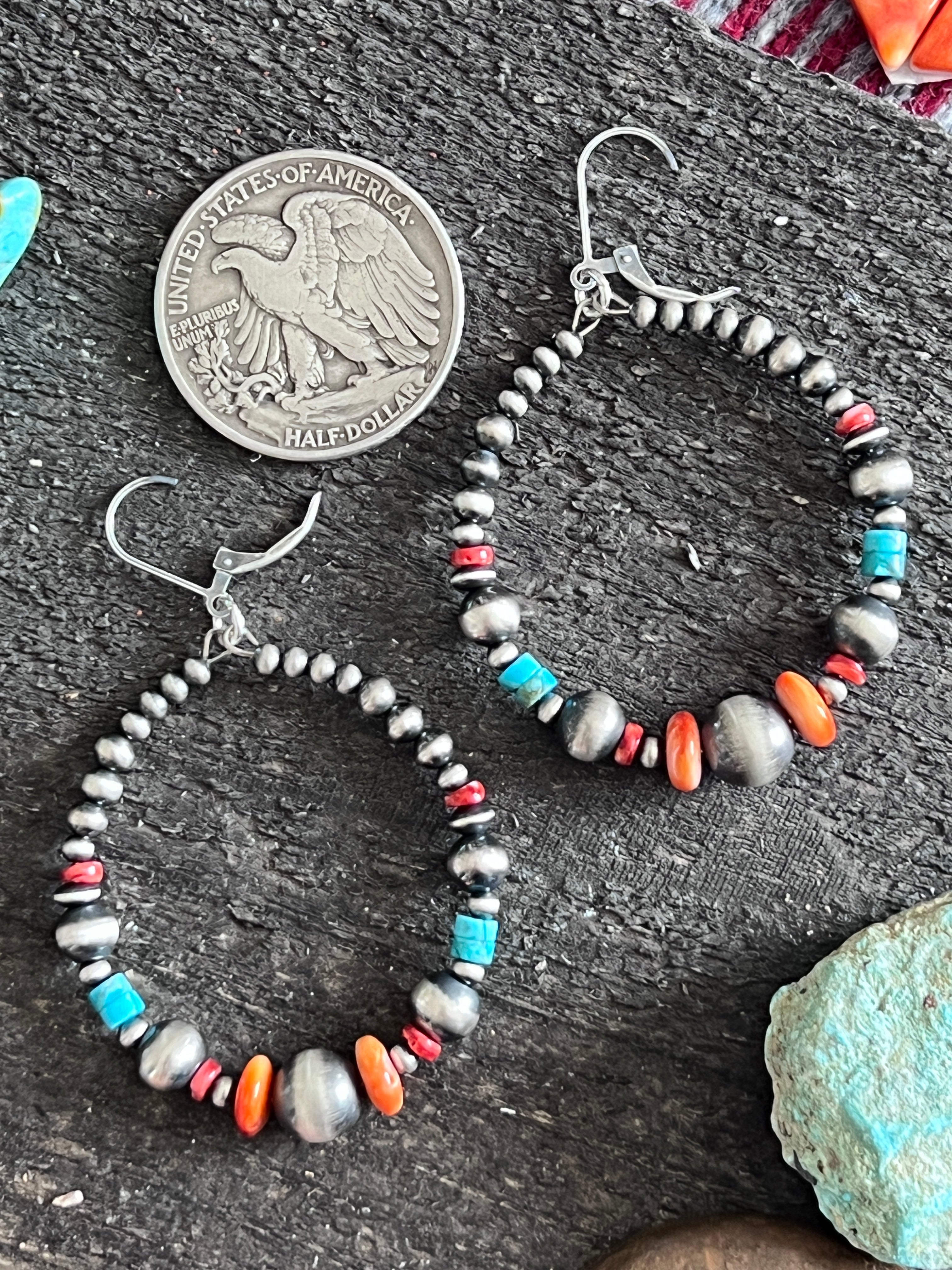 Handcrafted Electric Rainbow Sterling Silver, Turquoise & Spiny Oyster Beaded Hoop Earrings, Leverback