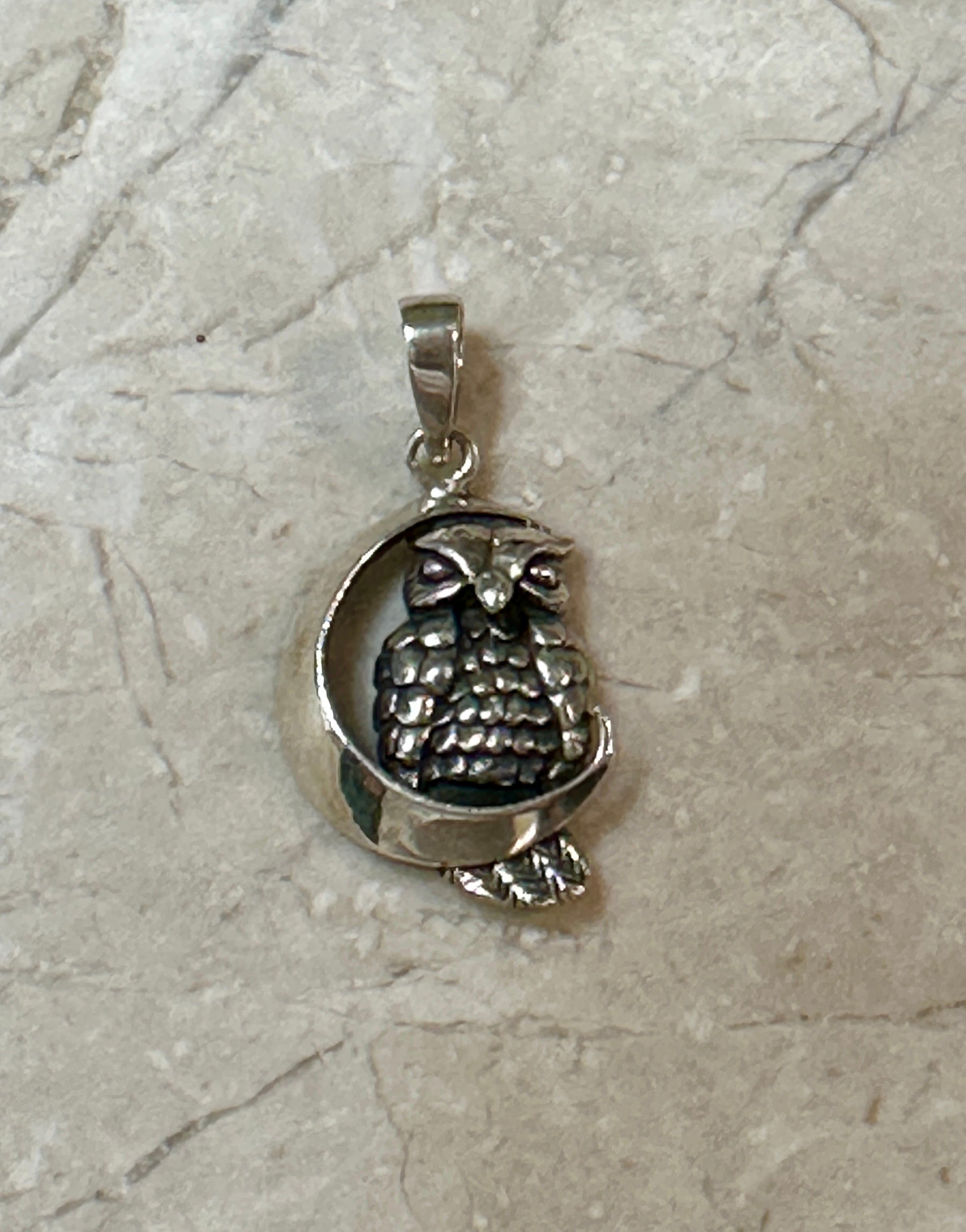 Owl on the Crescent Moon Sterling Silver Pendant