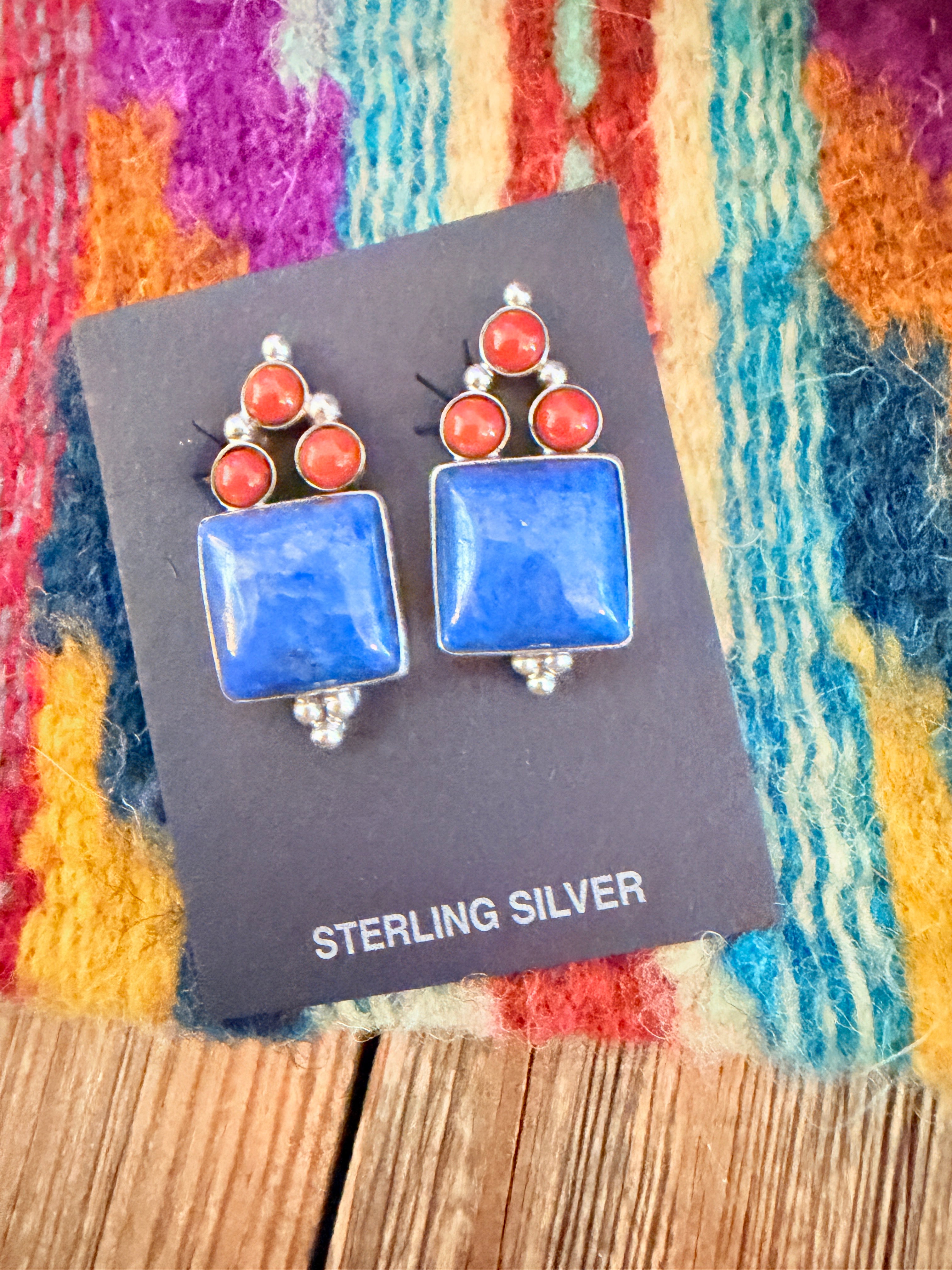 Handcrafted Lapis, Coral & Sterling Silver Clip On Earrings