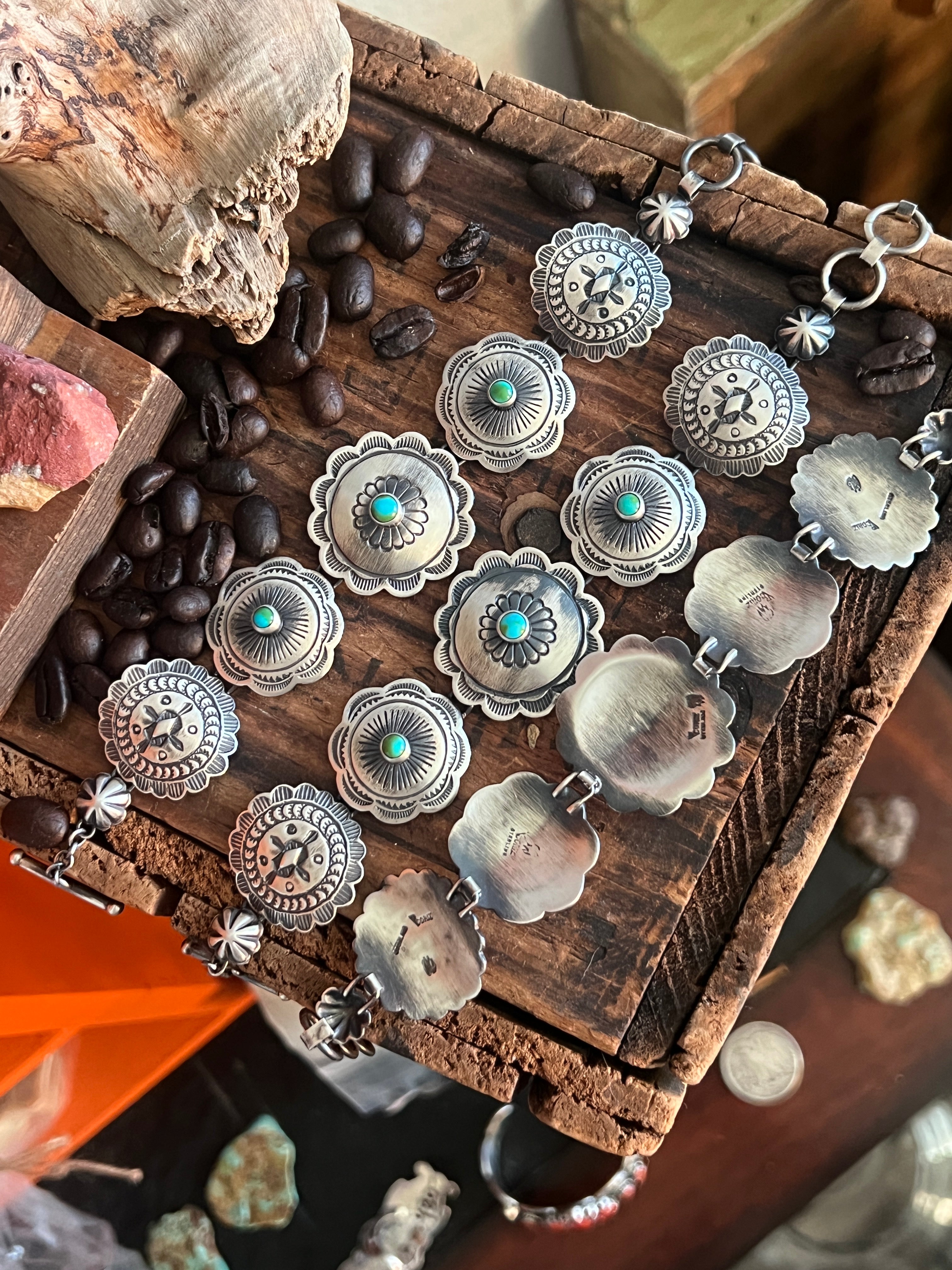 Raymond Coriz Sterling Concho Link Bracelets with Sonoran Mountain Turquoise