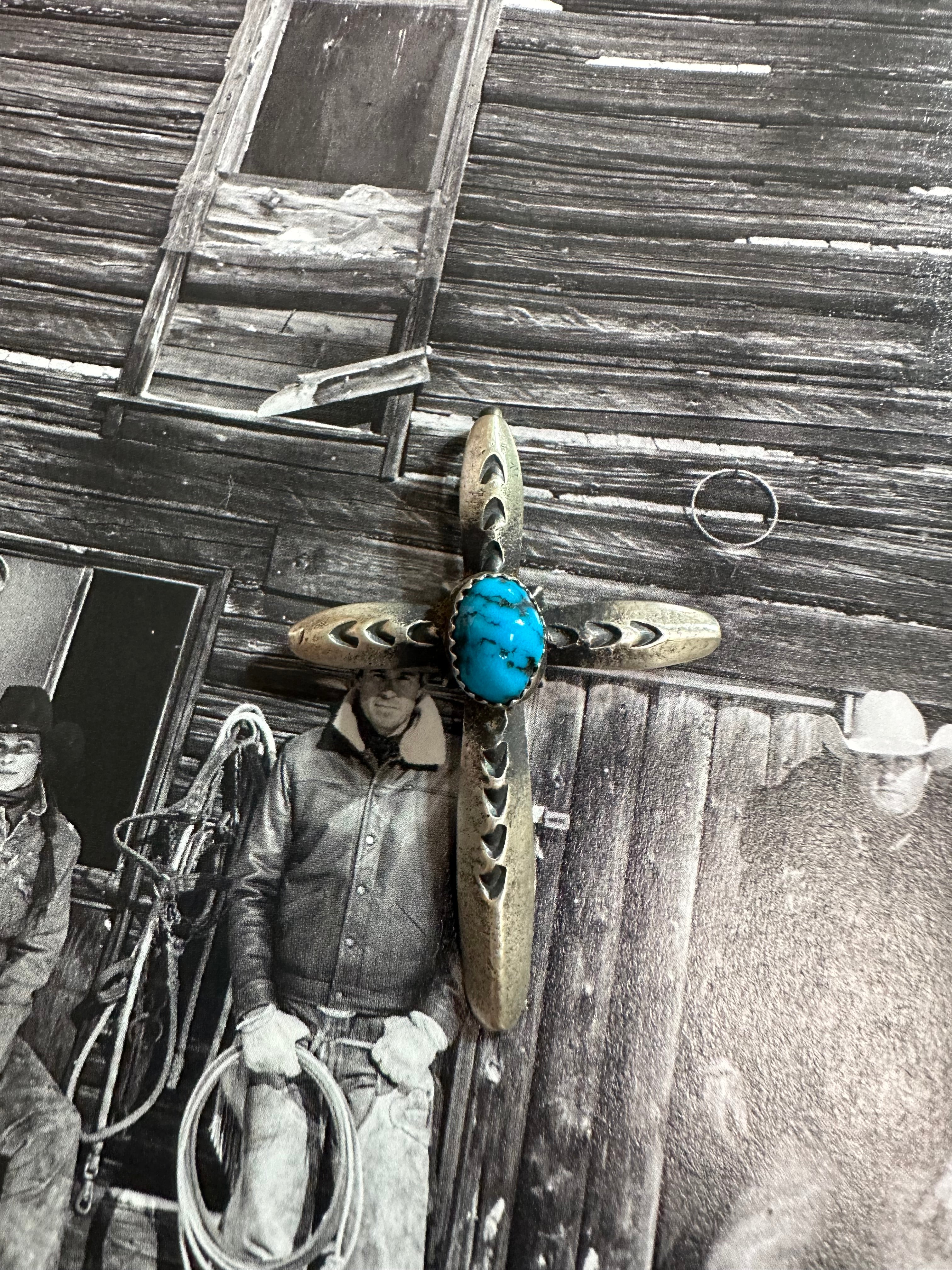 Beautiful Handcrafted Turquoise & Sterling Silver Cross Pendant Signed