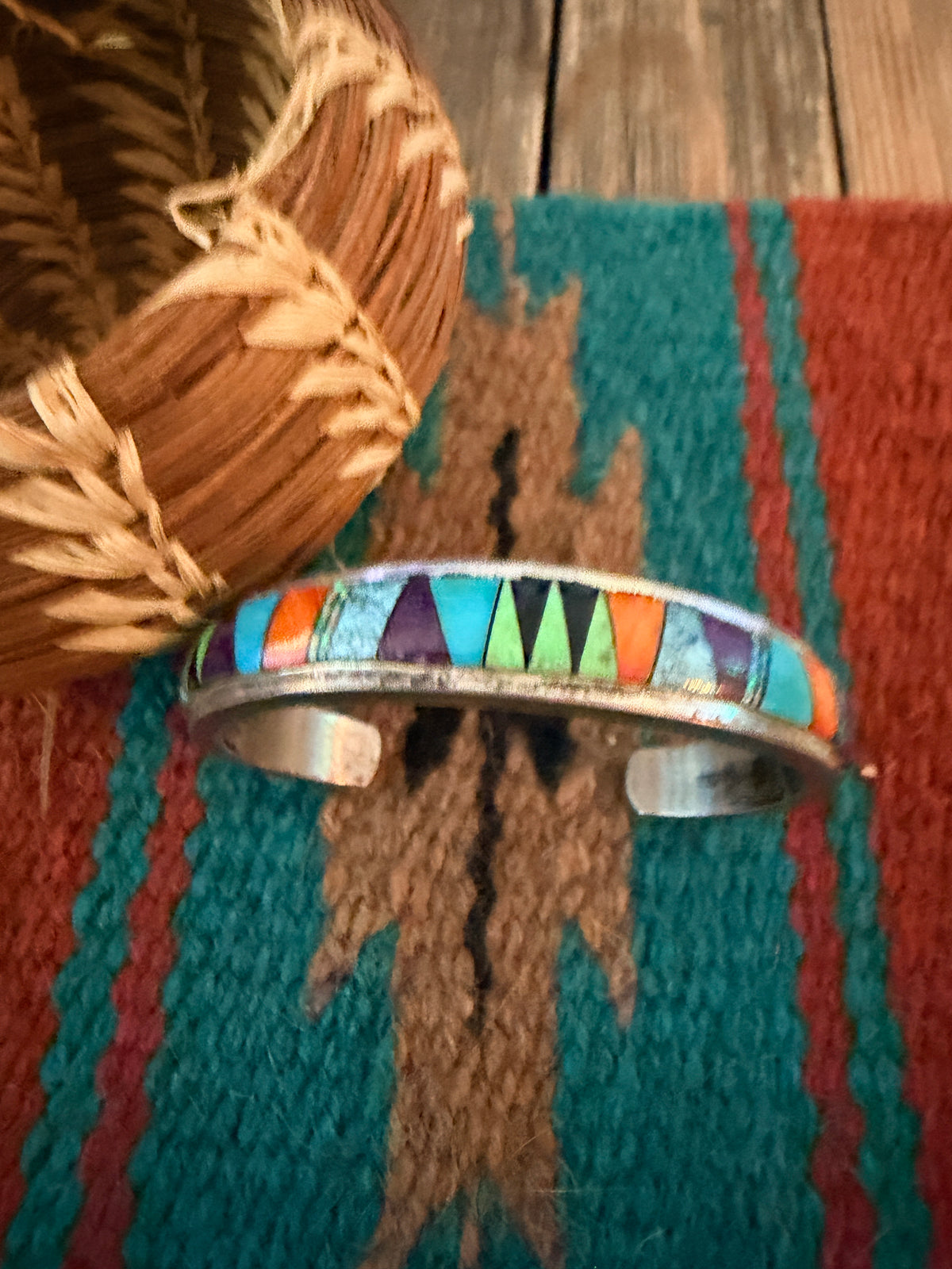 Handcrafted Old Pawn Sterling Silver & Multi Stone Inlay Cuff Bracelet