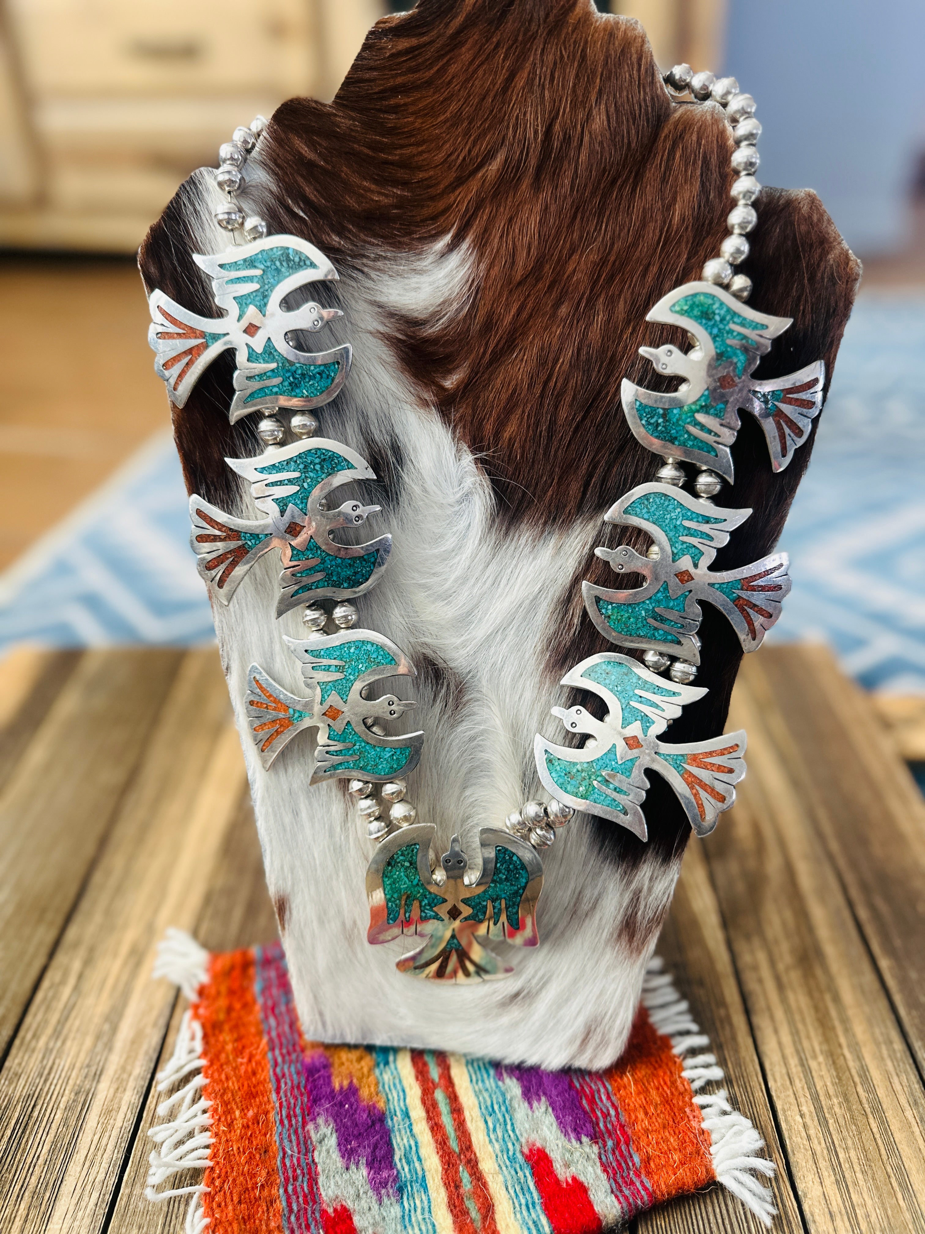 Old Pawn Handcrafted Turquoise, Coral & Sterling Silver Beaded Waterbird Necklace