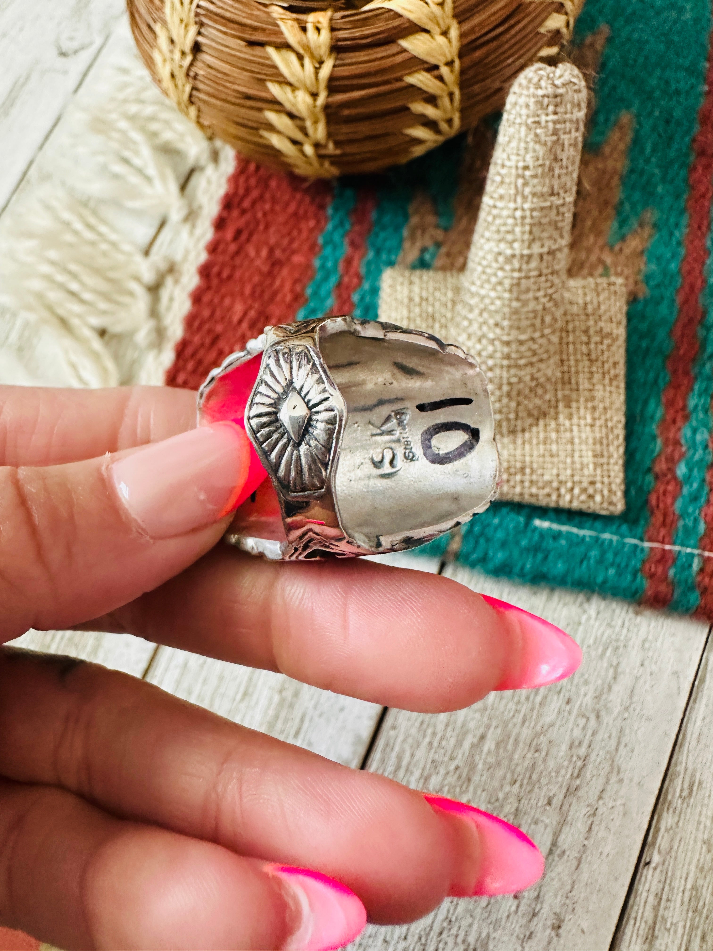 Old Pawn Navajo Sterling Silver & Kingman Web Turquoise Men’s Ring Size 10