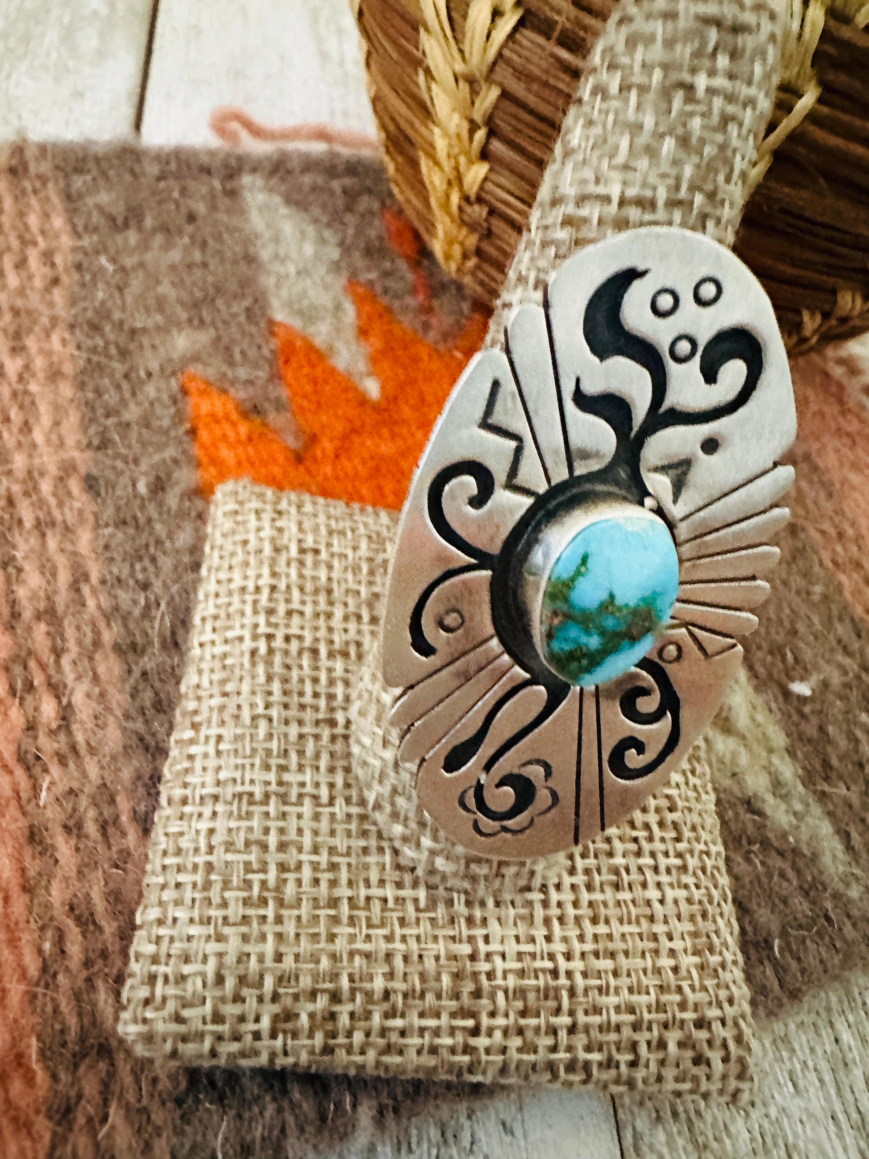 Handcrafted & Hand Stamped Sterling Silver & Sonoran Mountain Turquoise Ring Size 9