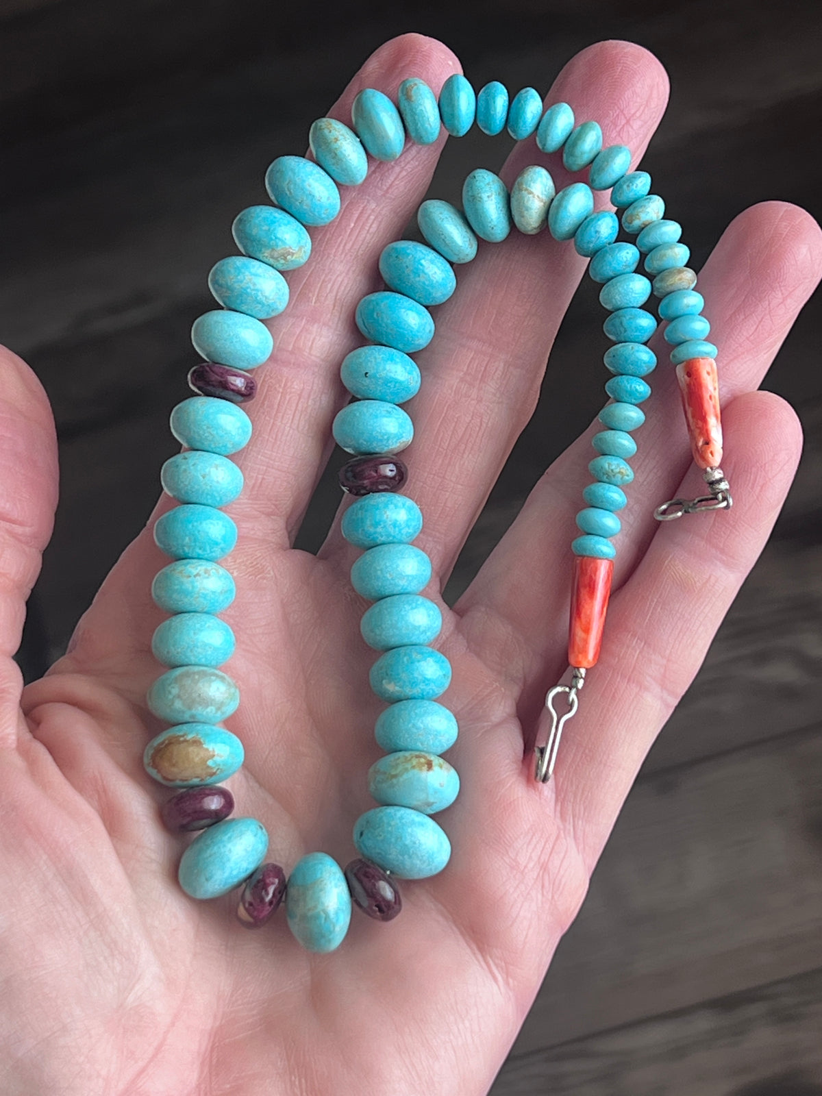 Estate Collection Graduated Number 8 Turquoise and Purple Spiny Oyster Beaded Rondelle Necklace, 16-5/8”