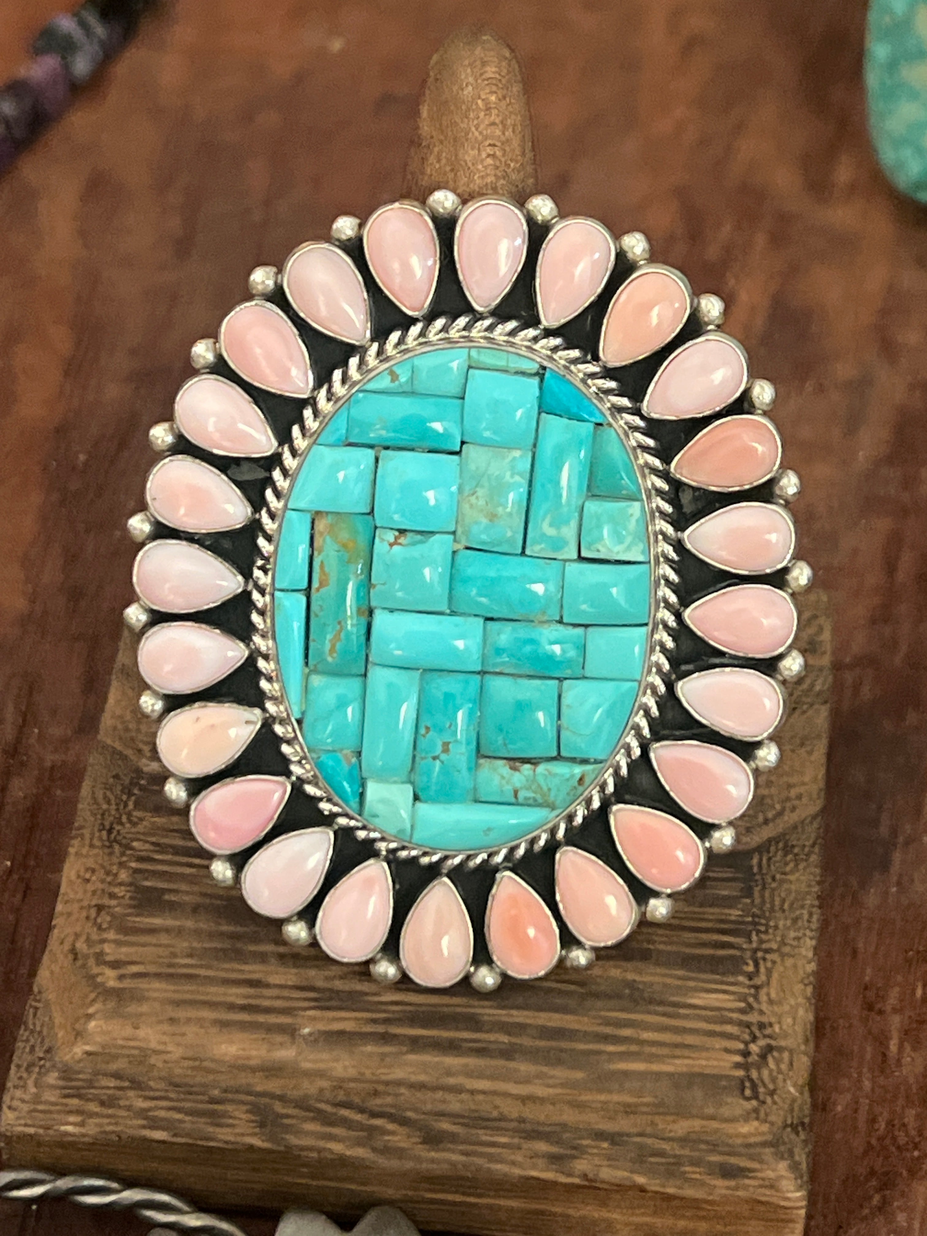 Handcrafted Cobblestone Kingman Turquoise and Pink Conch Cluster Ring by Aaron Tallis, Adjustable