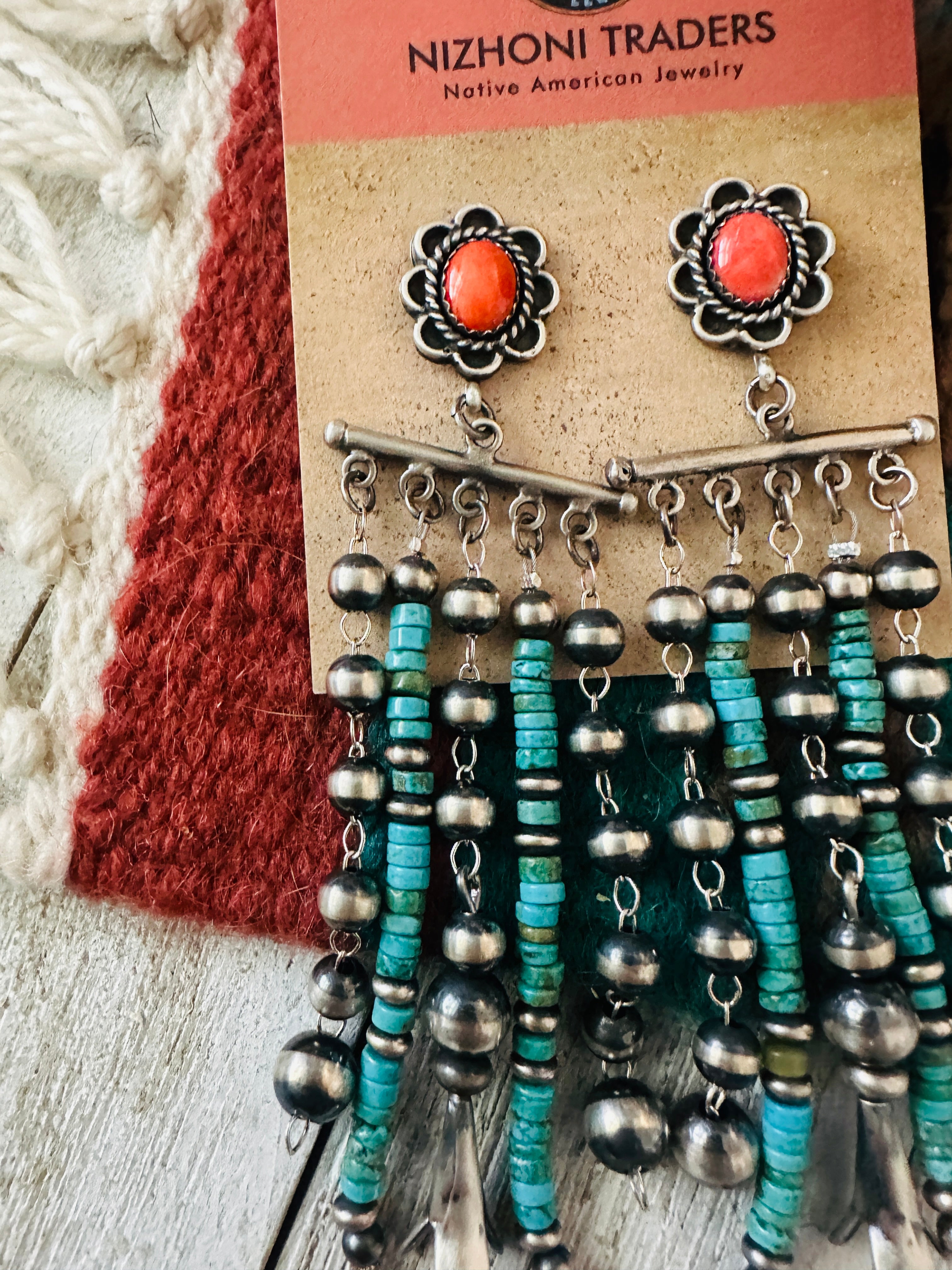 Navajo Turquoise, Coral & Sterling Silver Pearl Beaded Tassel Dangle Earrings