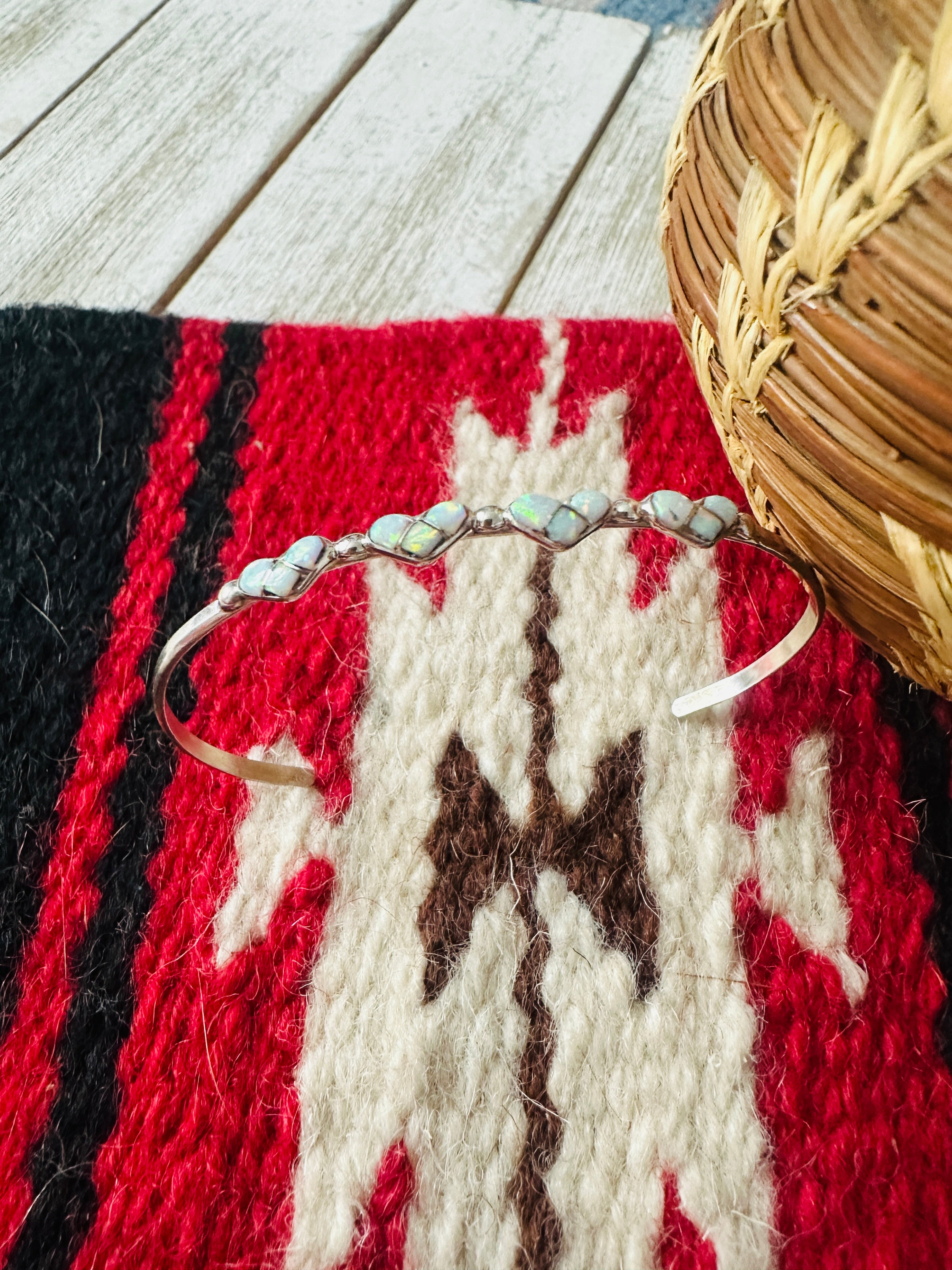 Zuni Sterling Silver & White Opal Heart Inlay Cuff Bracelet