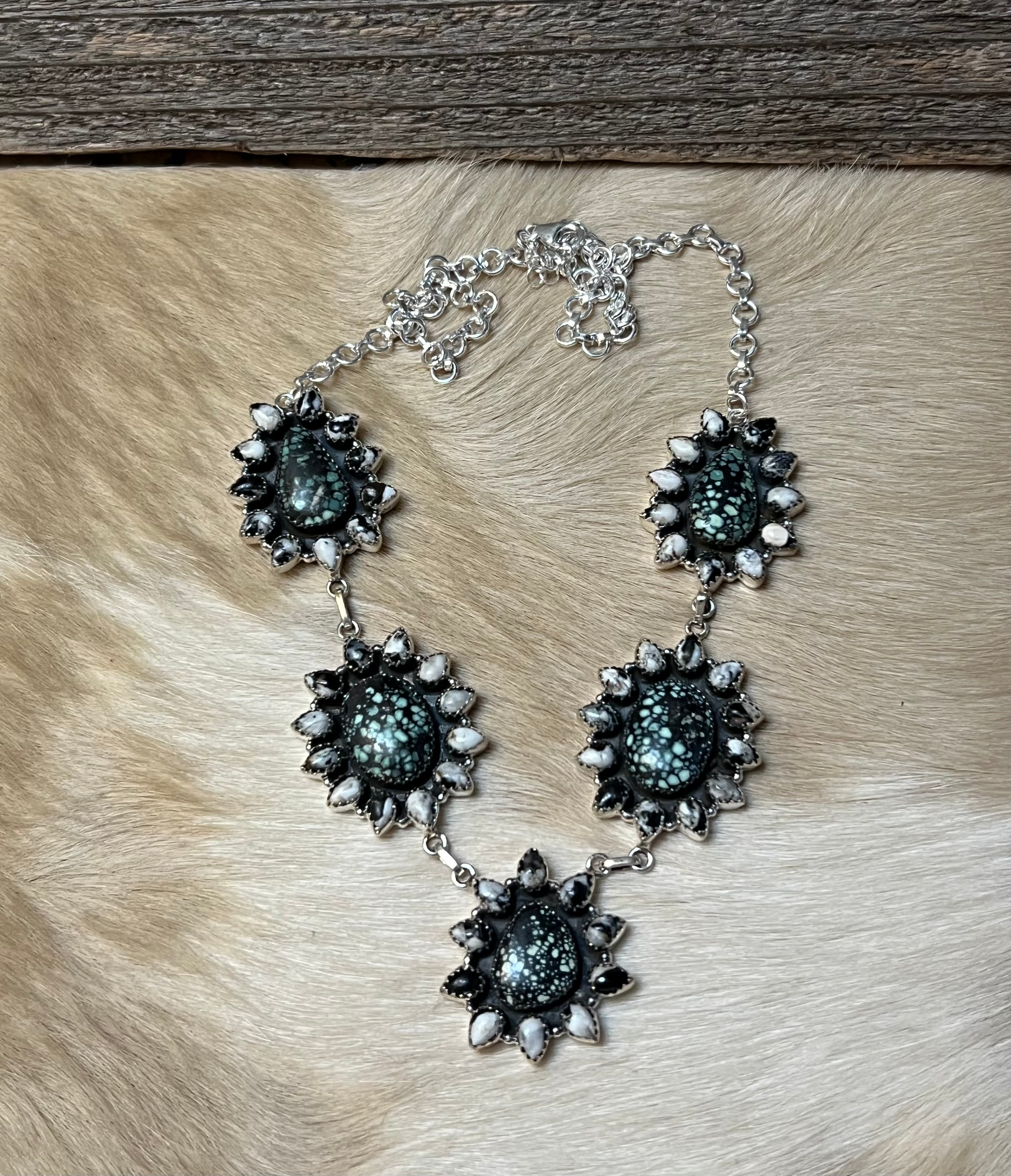 Handmade Newlander Turquoise & White Buffalo Sterling Silver Drop Necklace