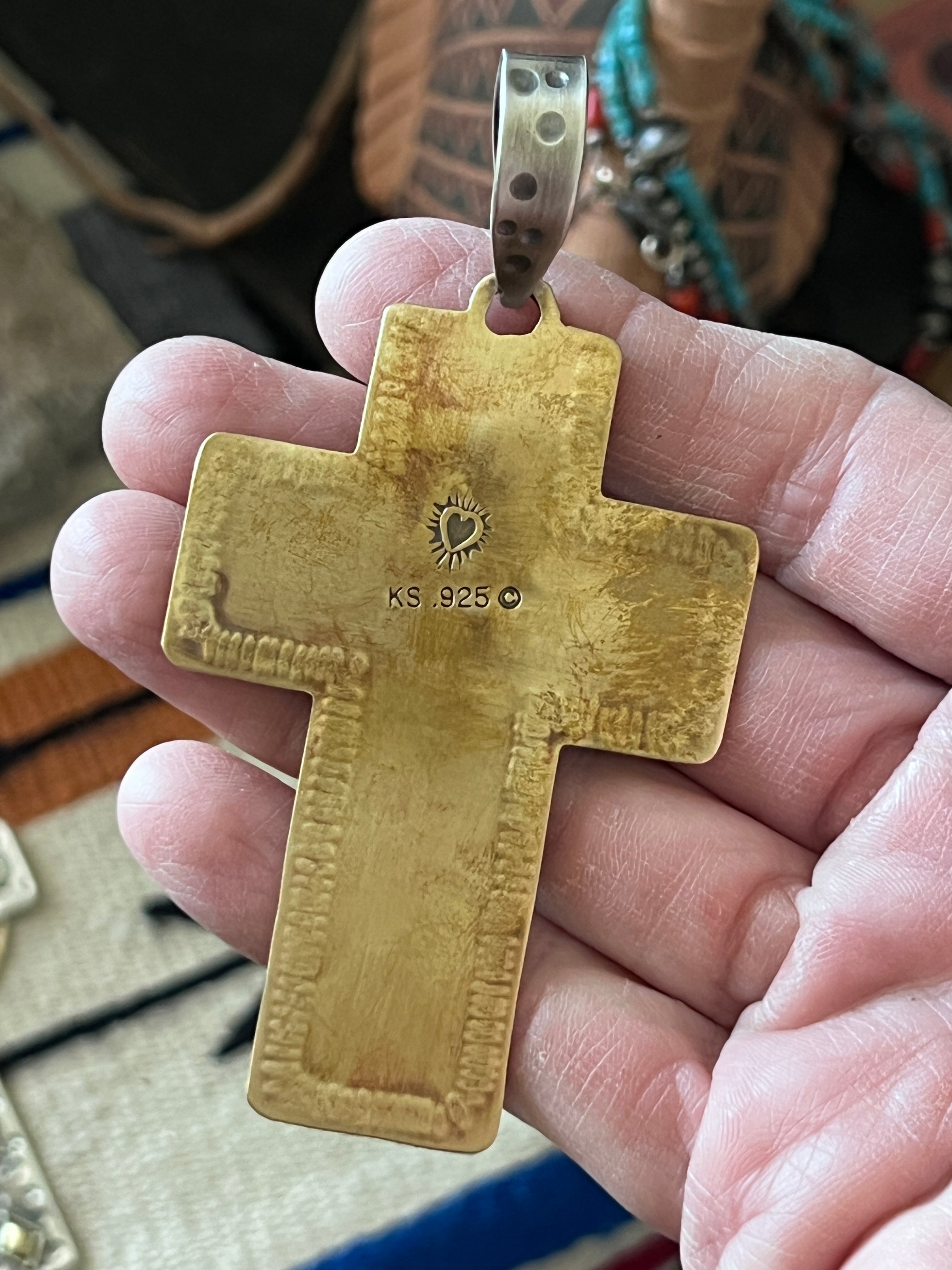 Hand Stamped Sterling Silver, Brass & Royston Turquoise Cross Pendant by Kimari Somers