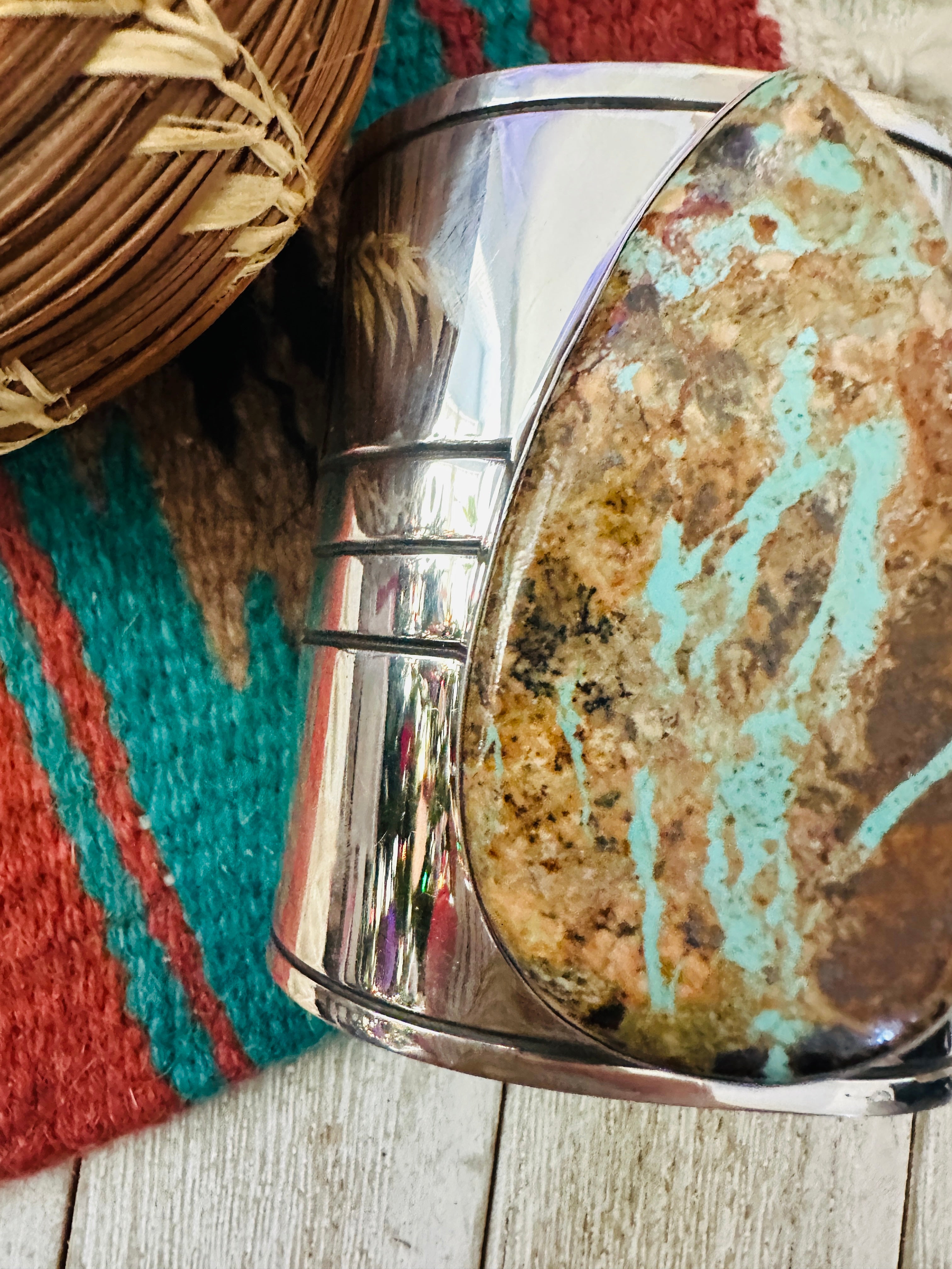 Handcrafted Sterling Silver & Ribbon Turquoise Cuff Bracelet by Ed Smith