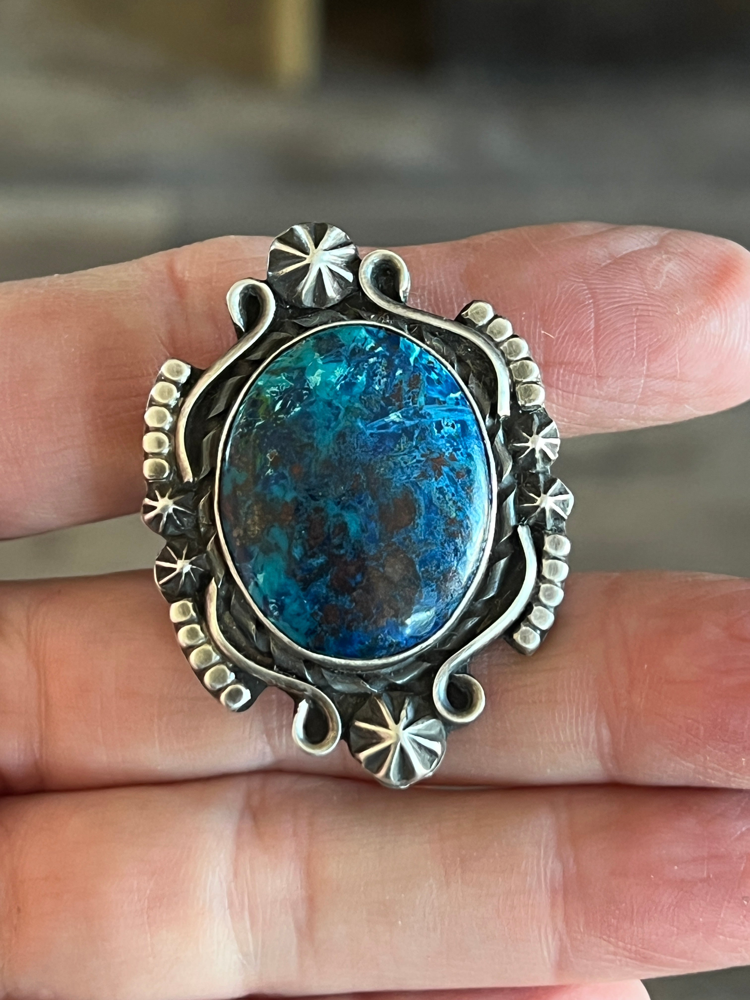 Apache Sterling Silver and Chrysocolla Azurite Ring by Rosella Paxson, Size 7