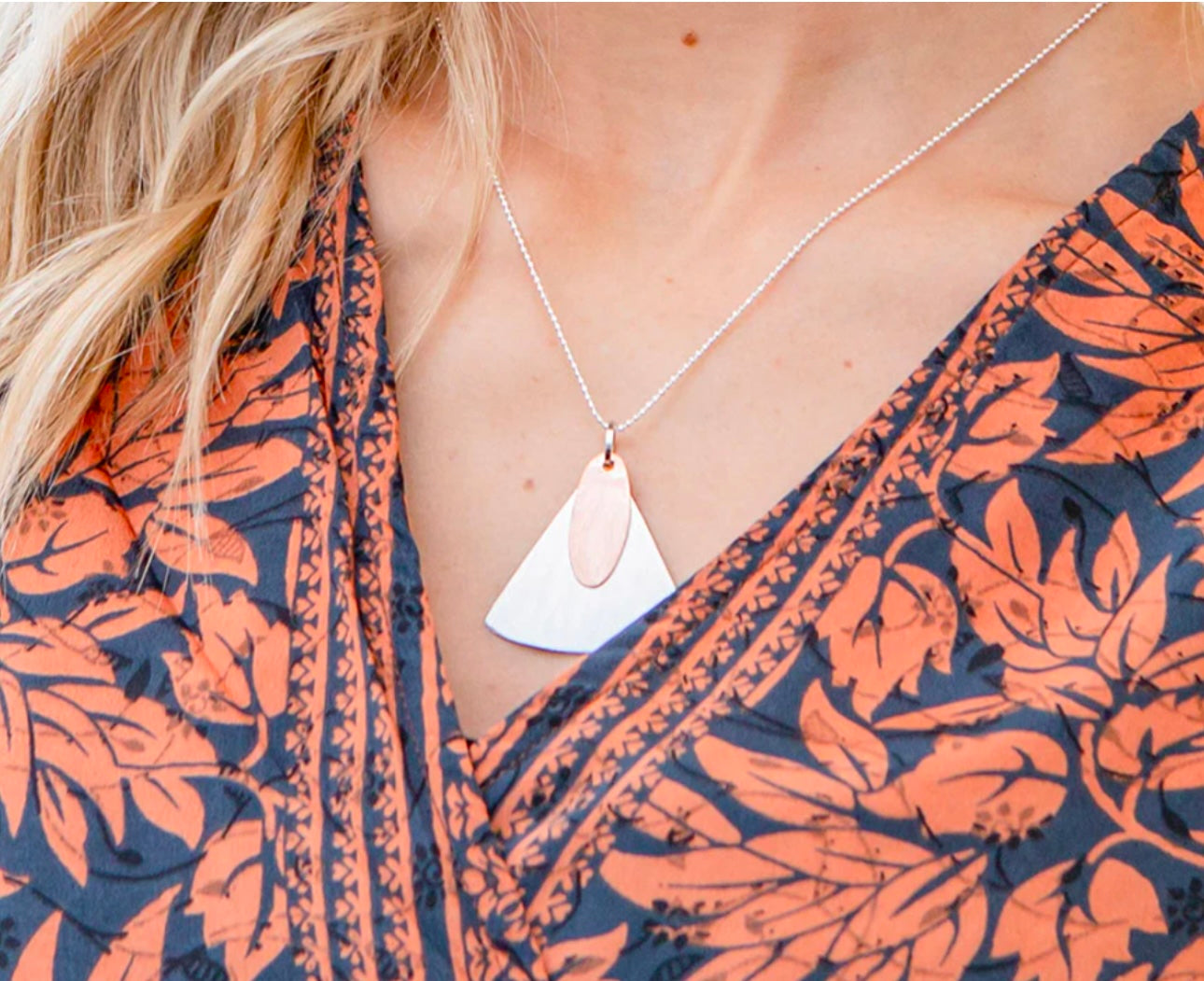 Scoured Copper & Silver Shapes Pendant Necklace