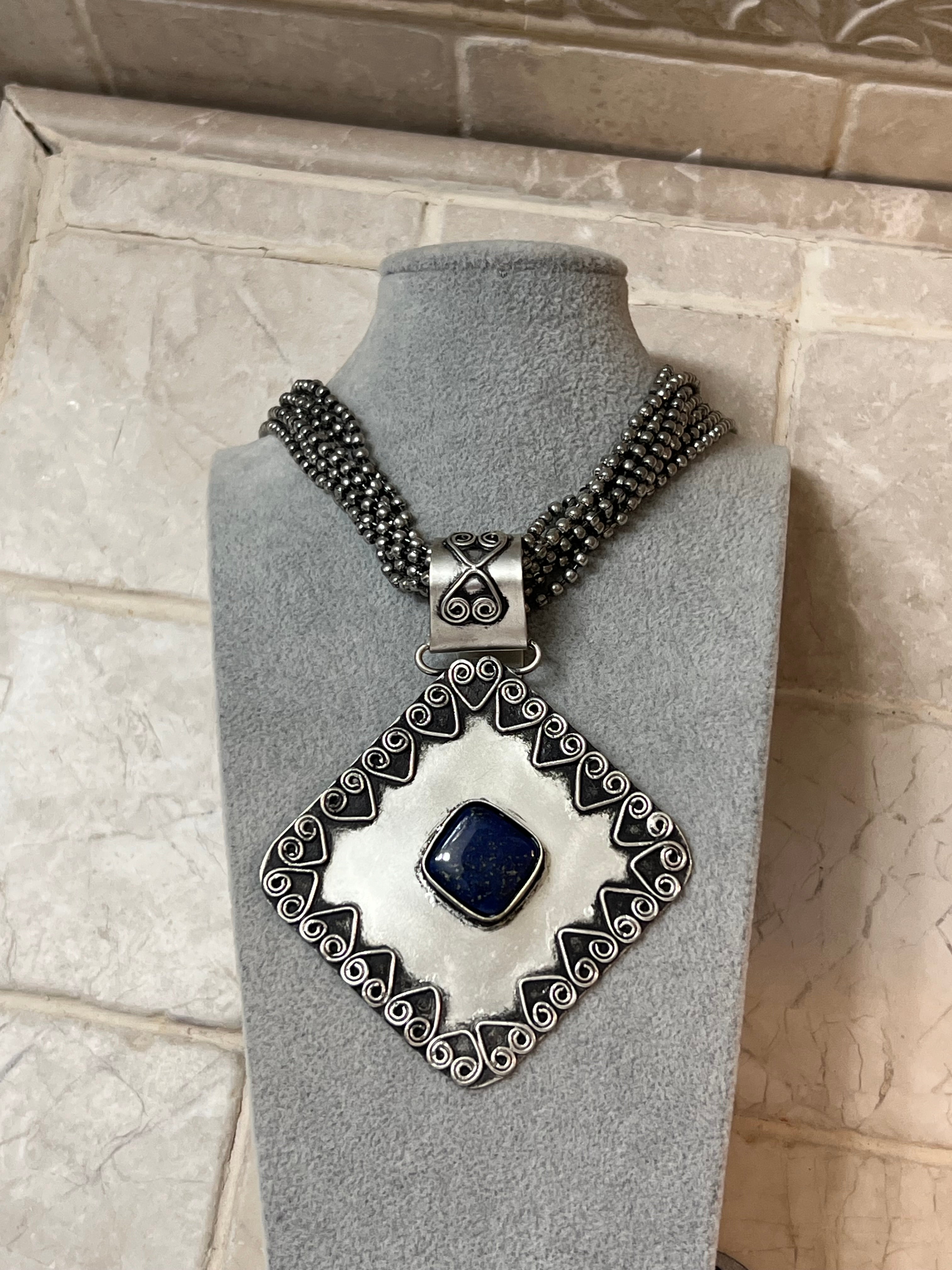 Silver-Plated Brass Square Black Accent Necklace