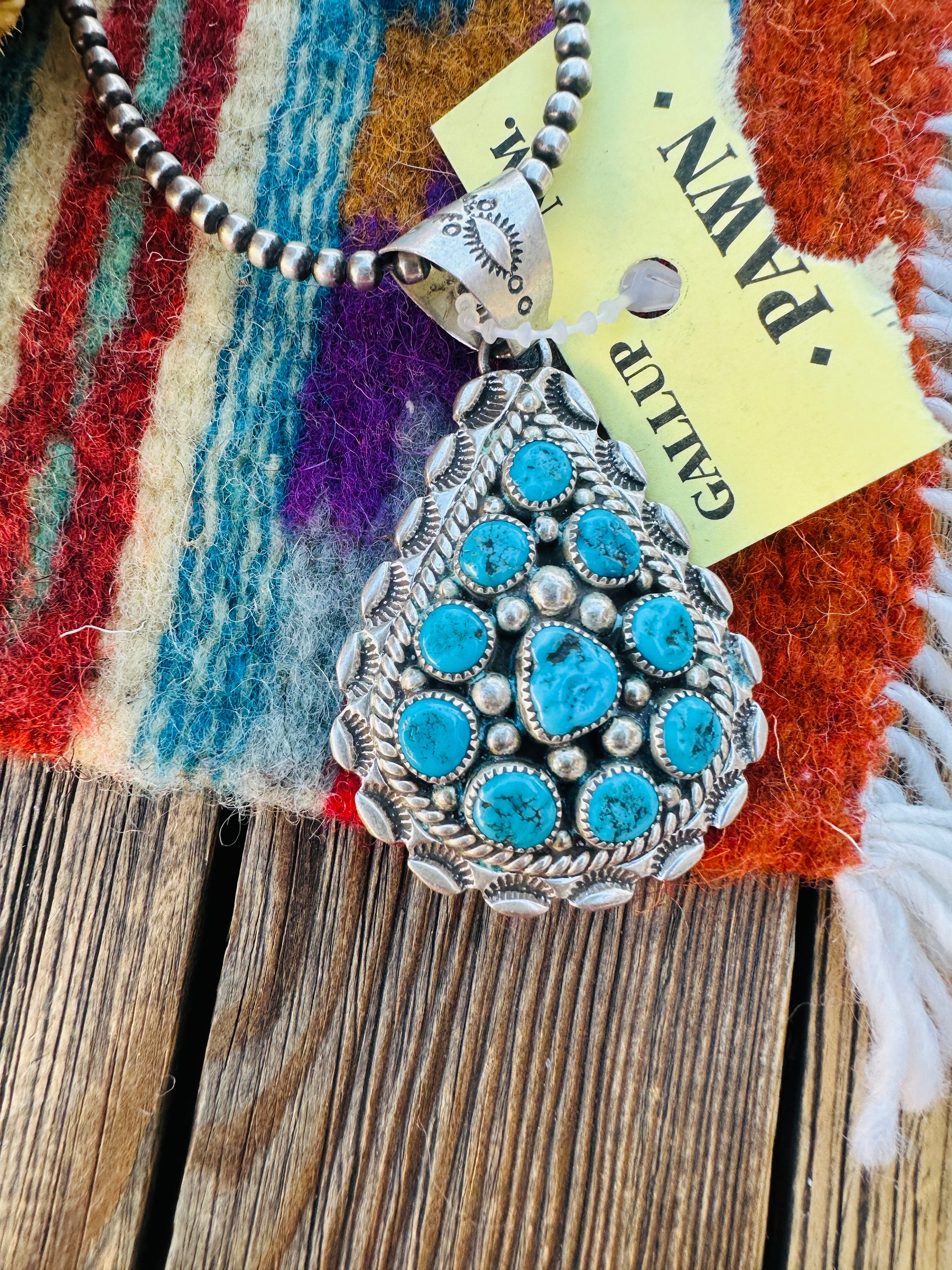 Old Pawn Handcrafted Turquoise and Sterling Silver Cluster Pendant