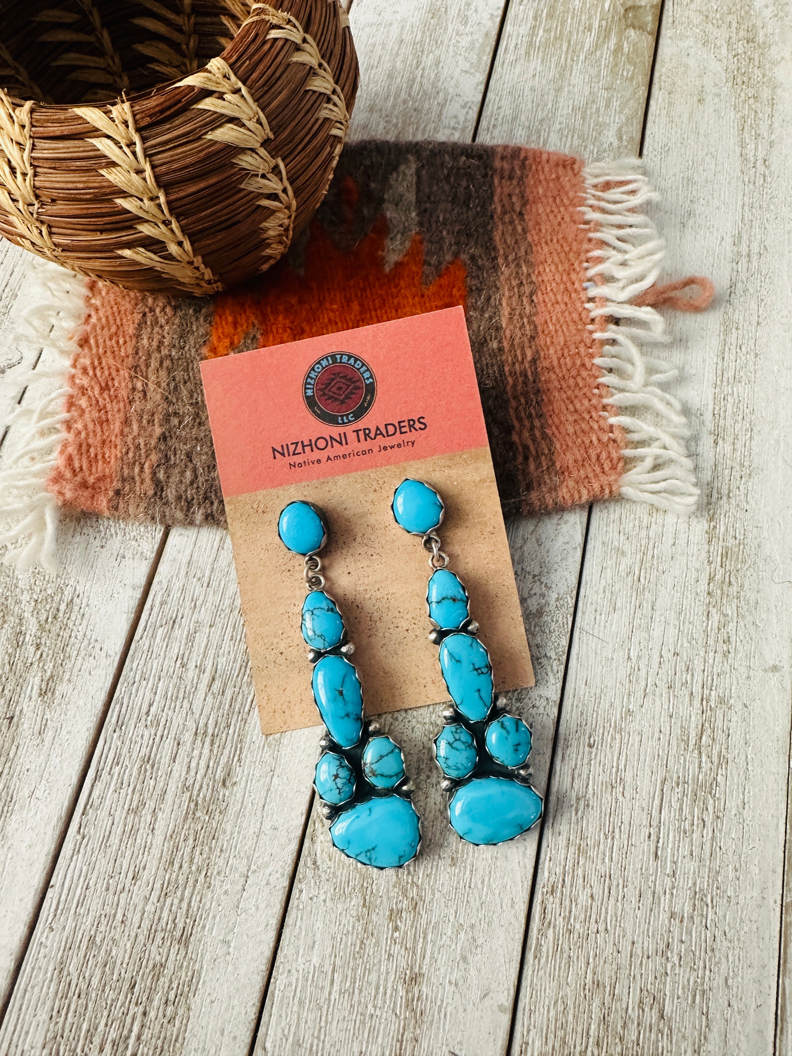 Navajo Sterling Silver & Turquoise Cluster Dangle Earrings