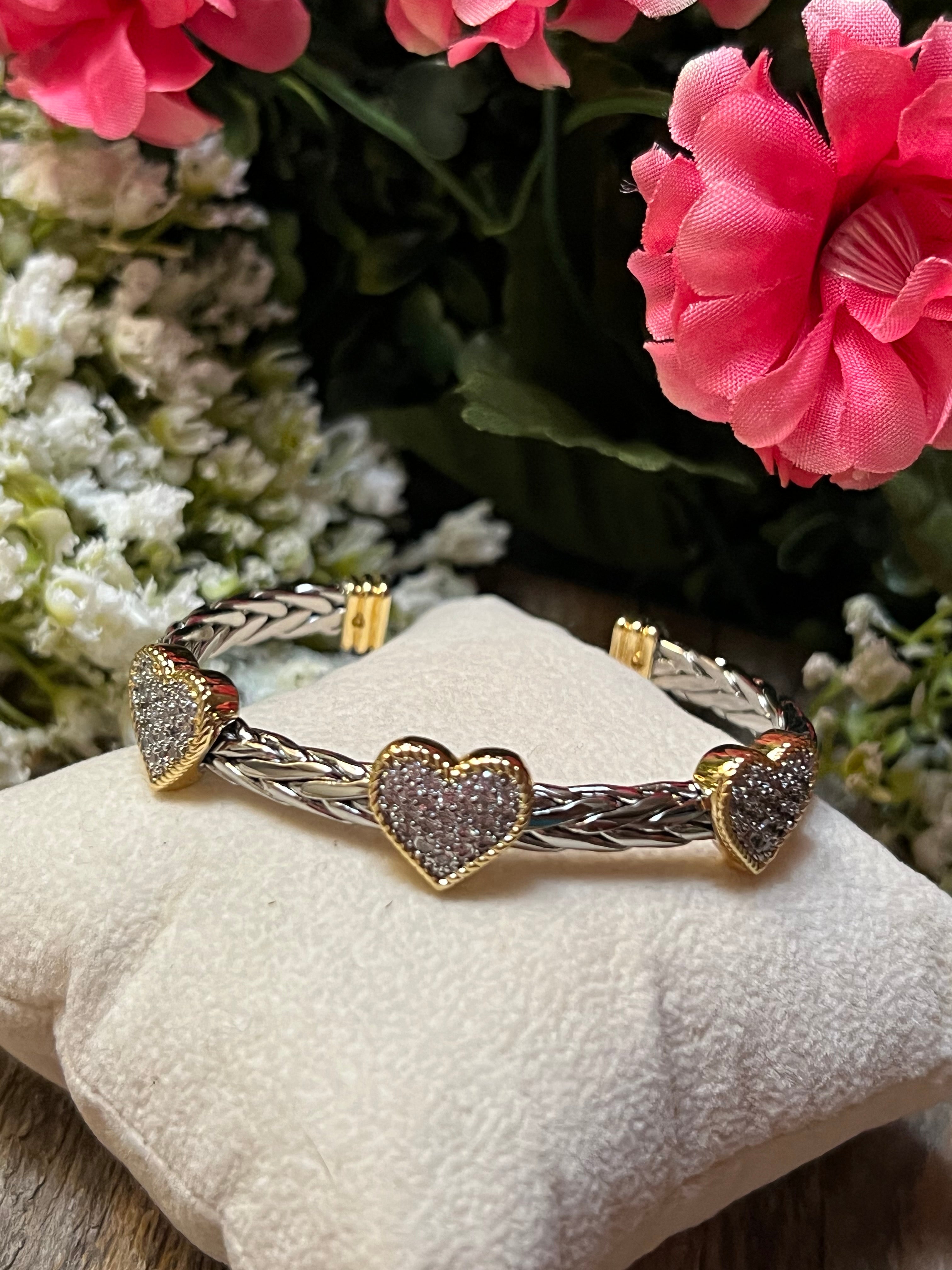 Silver & 14k Gold Plated Two Tone Ponytail CZ 3-Heart Bangle Bracelet