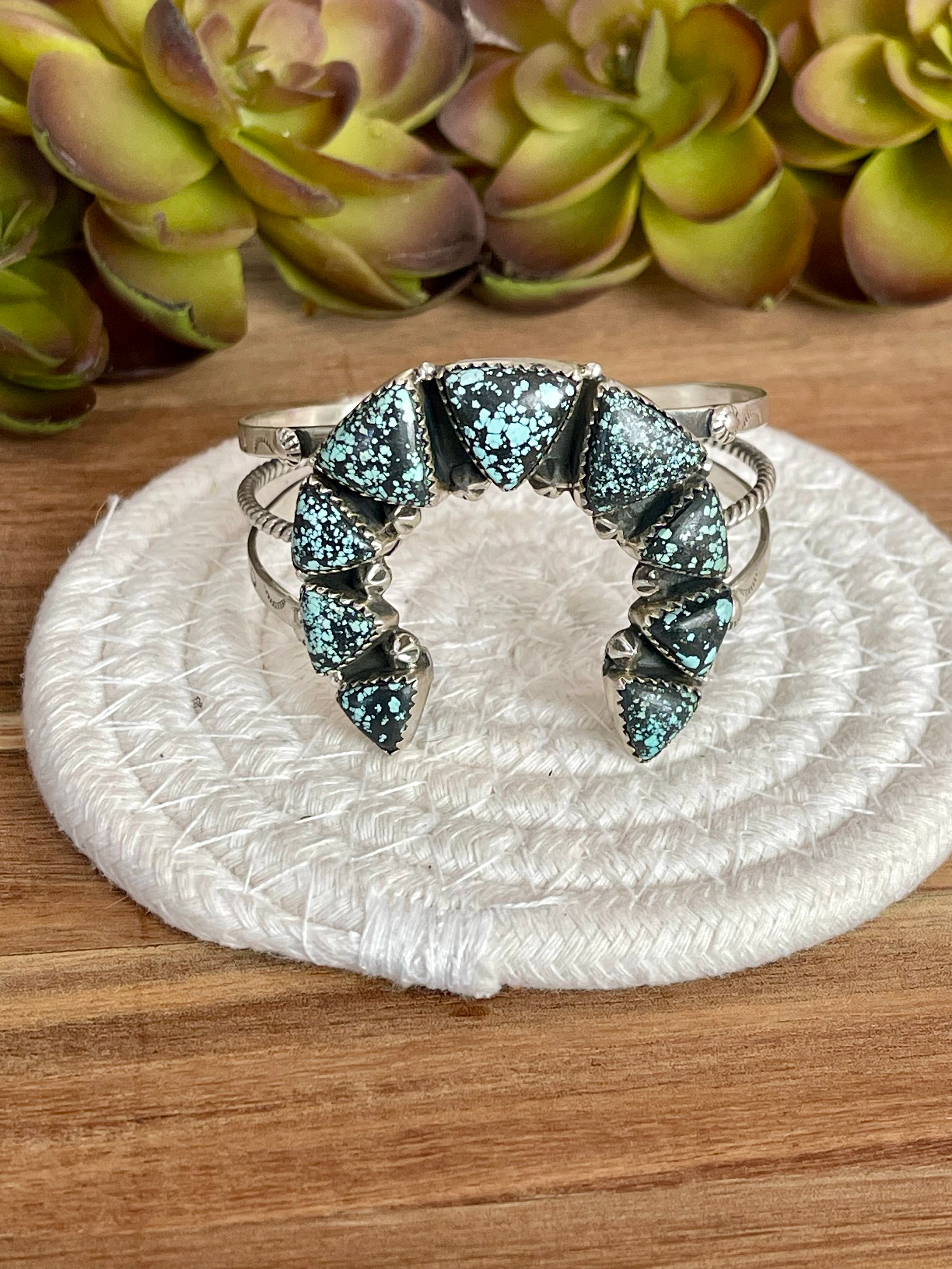 Handmade New Lander Turquoise & Sterling Silver Cuff Bracelet /