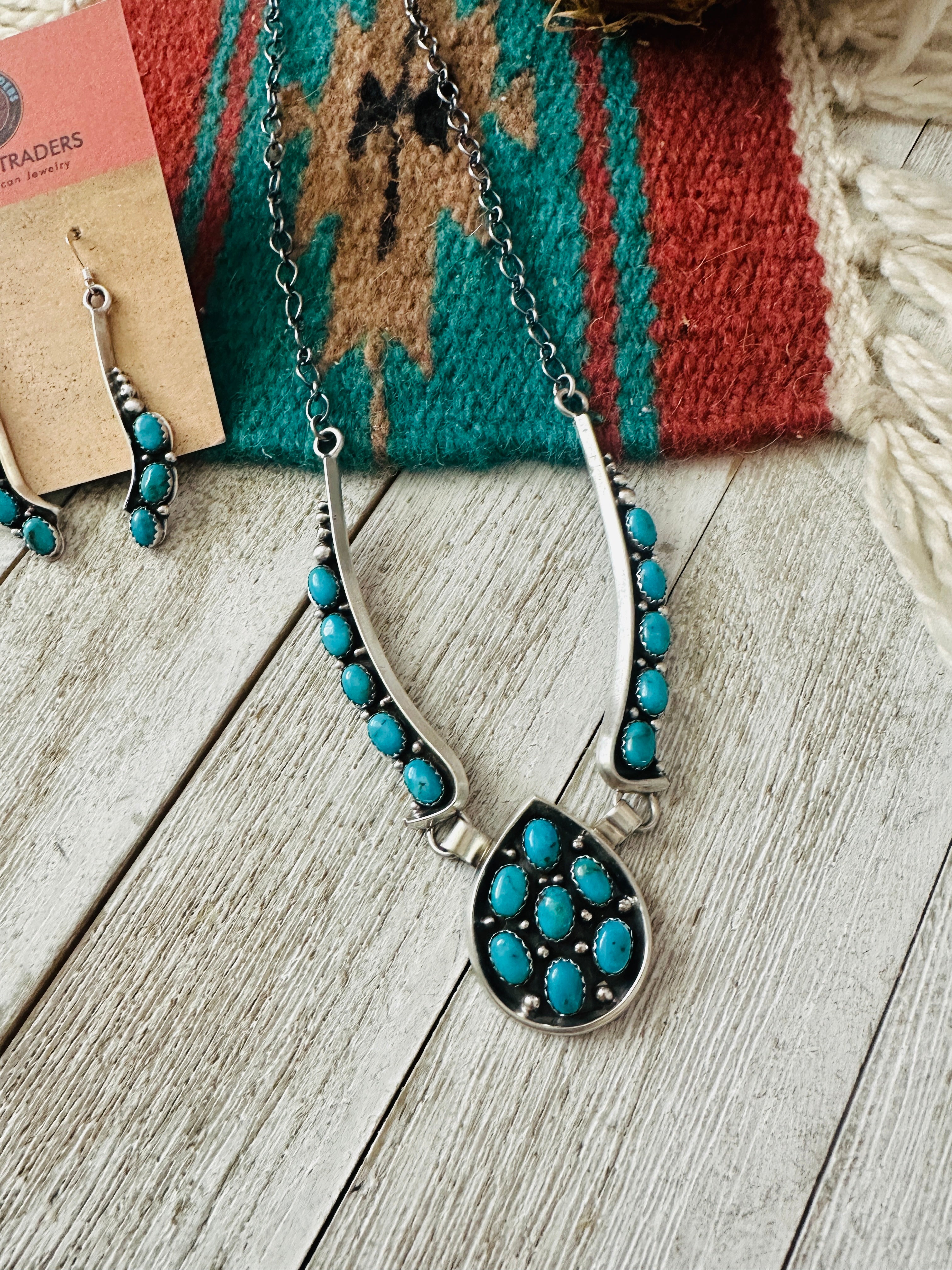 Navajo Sterling Silver & Turquoise Cluster Necklace and Earring Set