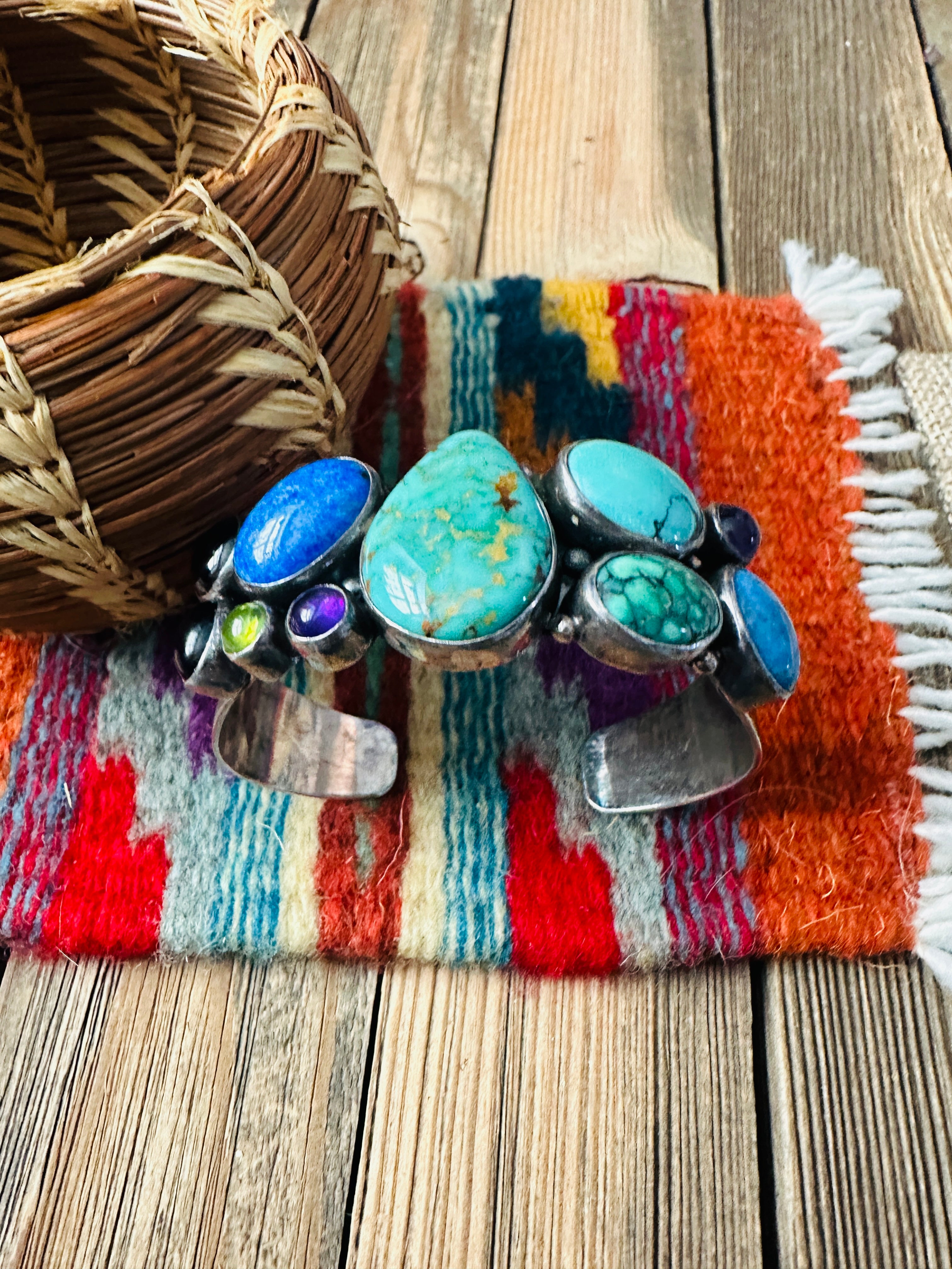 Handcrafted Old Pawn Sterling Silver & Multi Stone Cuff Bracelet