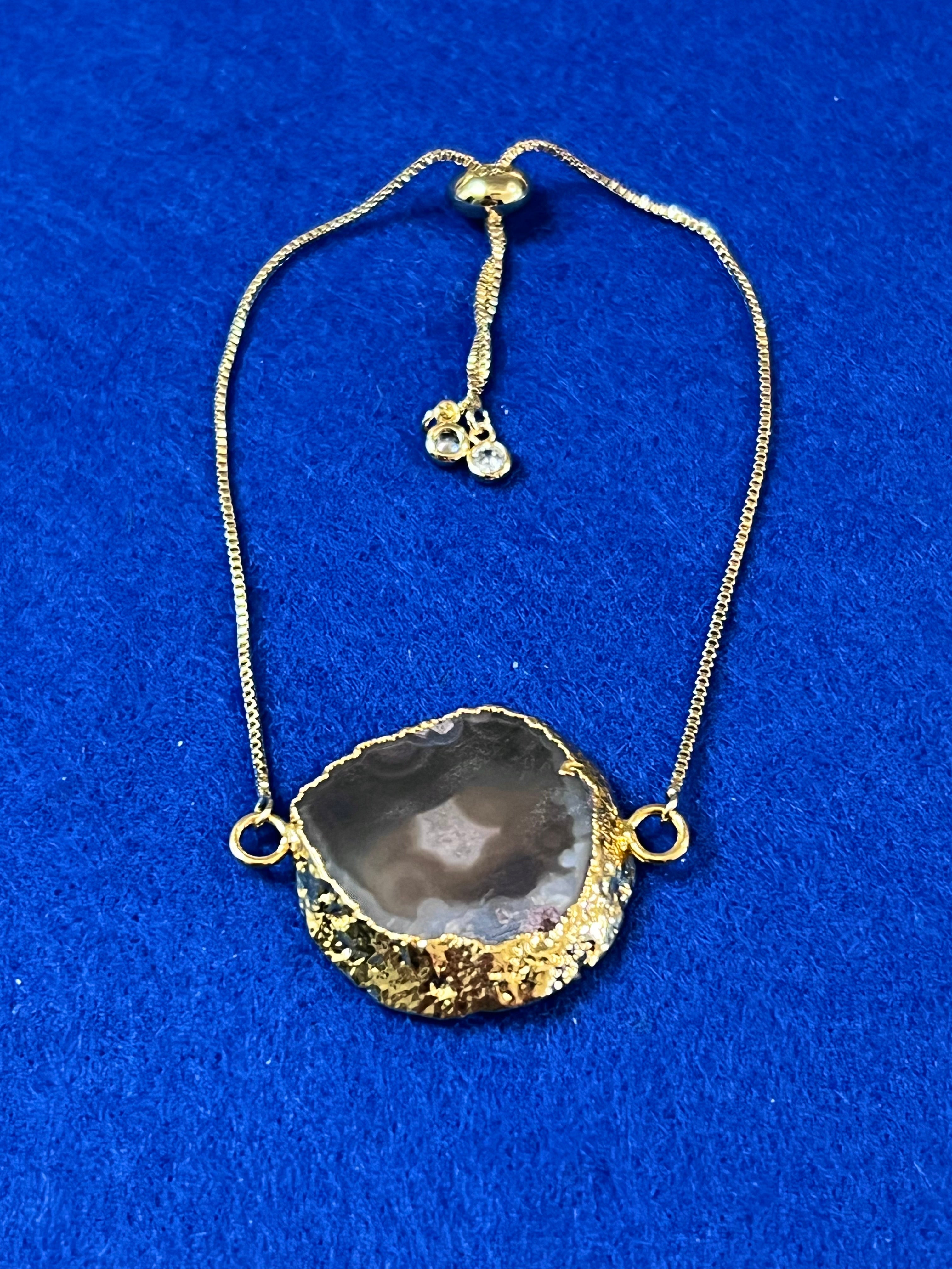 Handmade 14k Gold Druzy Plated Brass & Grey Geode Adjustable Bracelet