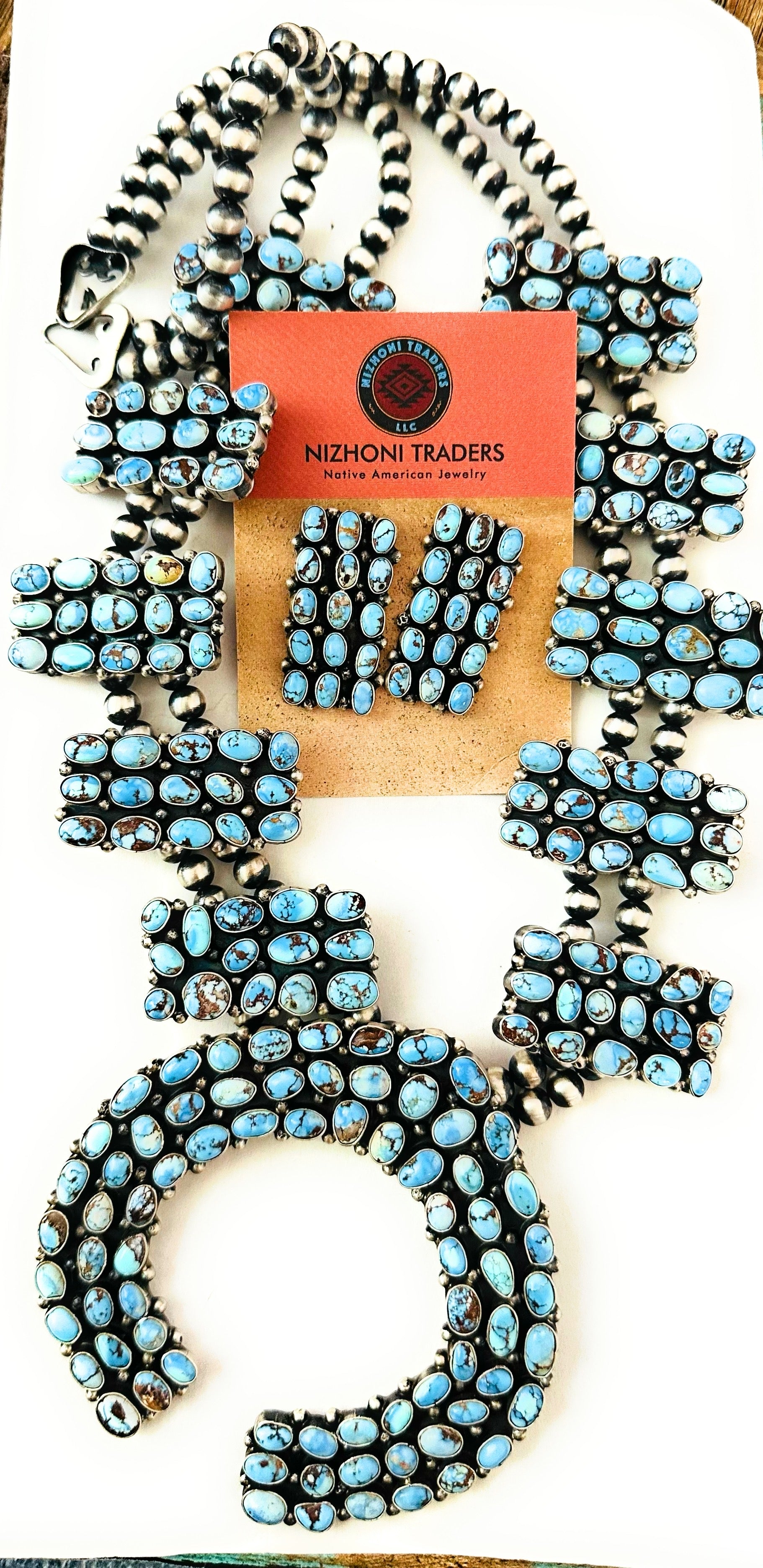 Navajo Golden Hills Turquoise & Sterling Silver Squash Blossom Necklace Set by B. Yellowhorse