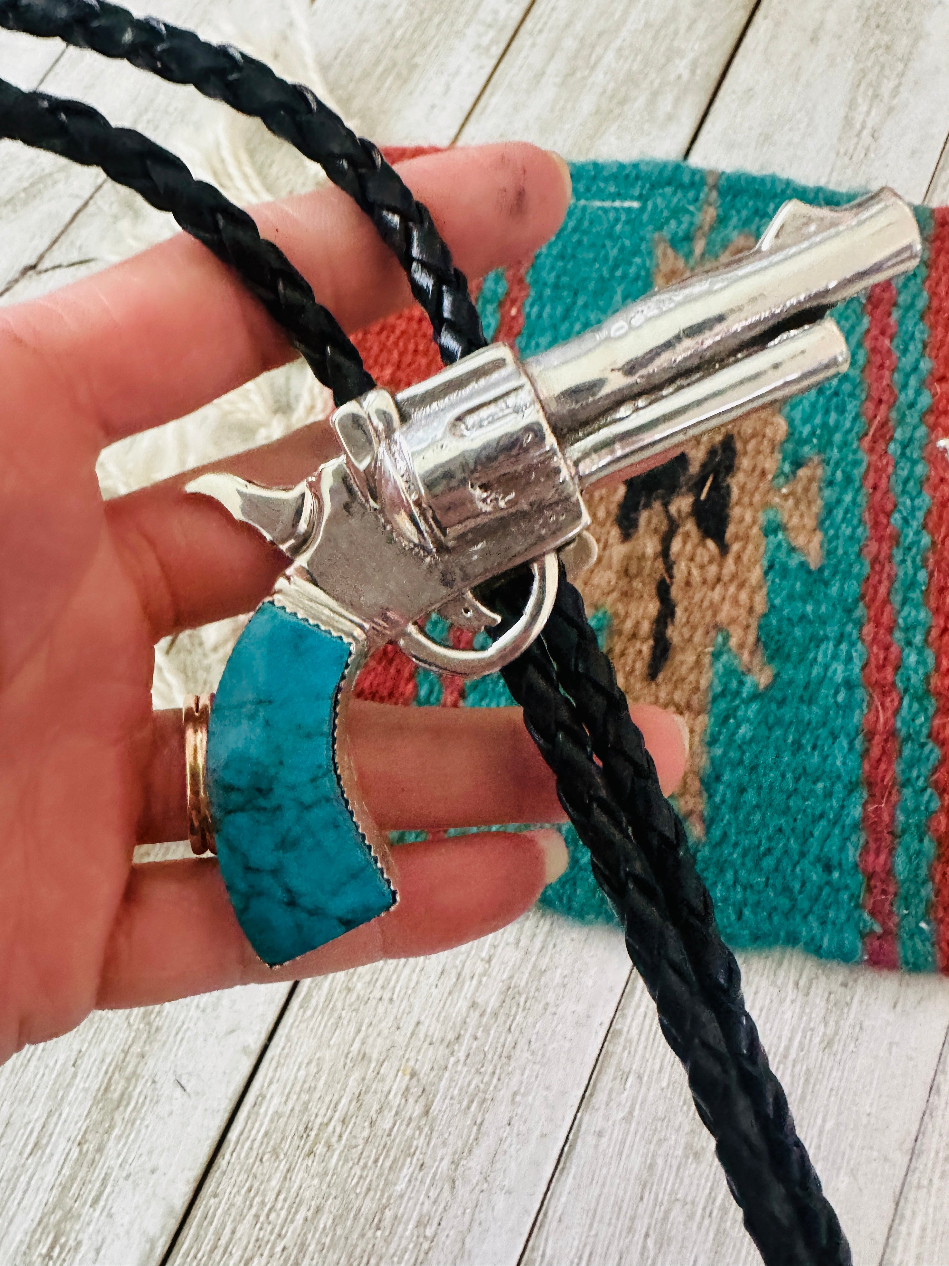 Handcrafted Sterling Silver & Turquoise Pistol Bolo Tie