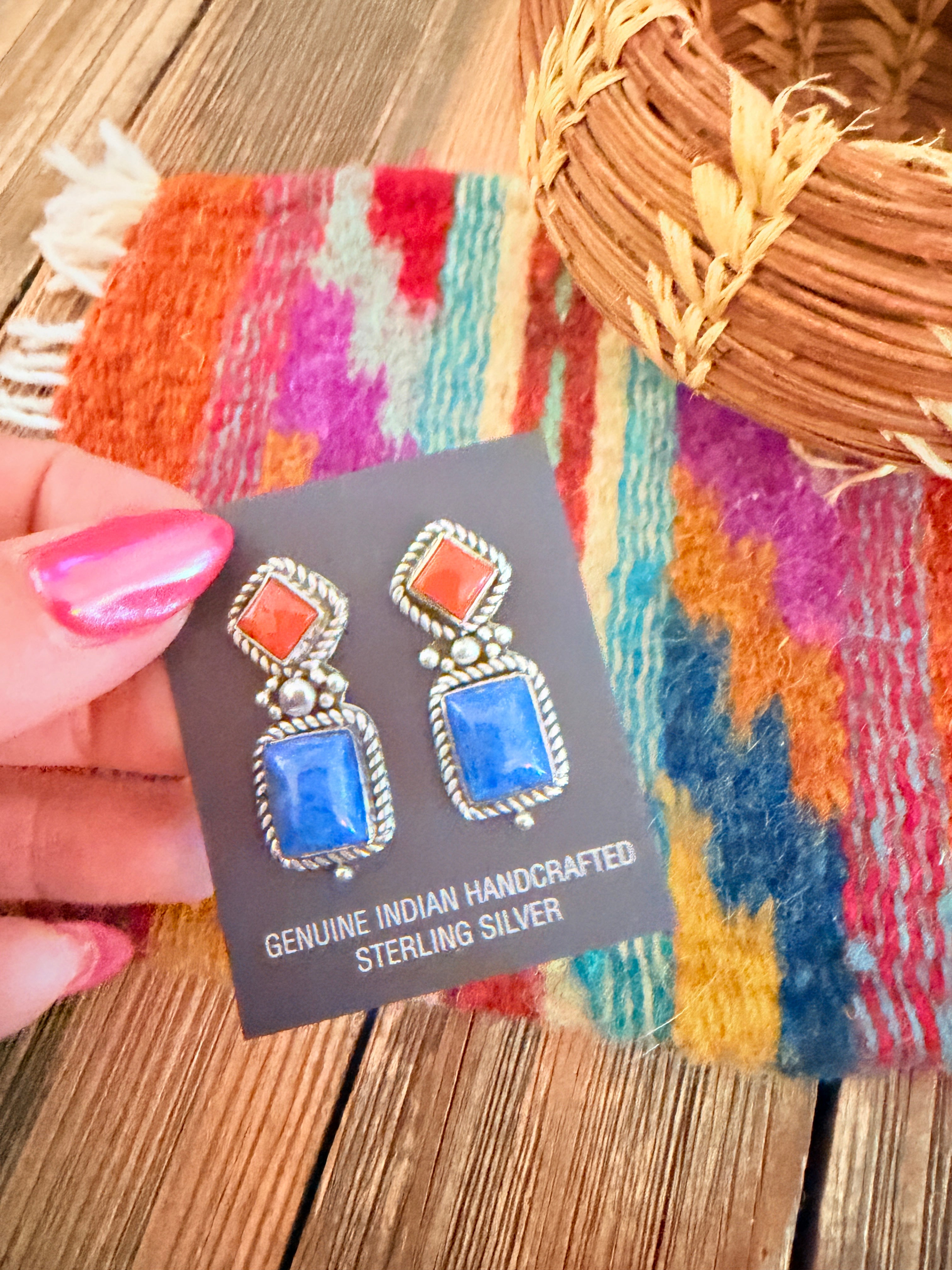 Handcrafted Lapis, Coral & Sterling Silver Dangle Earrings