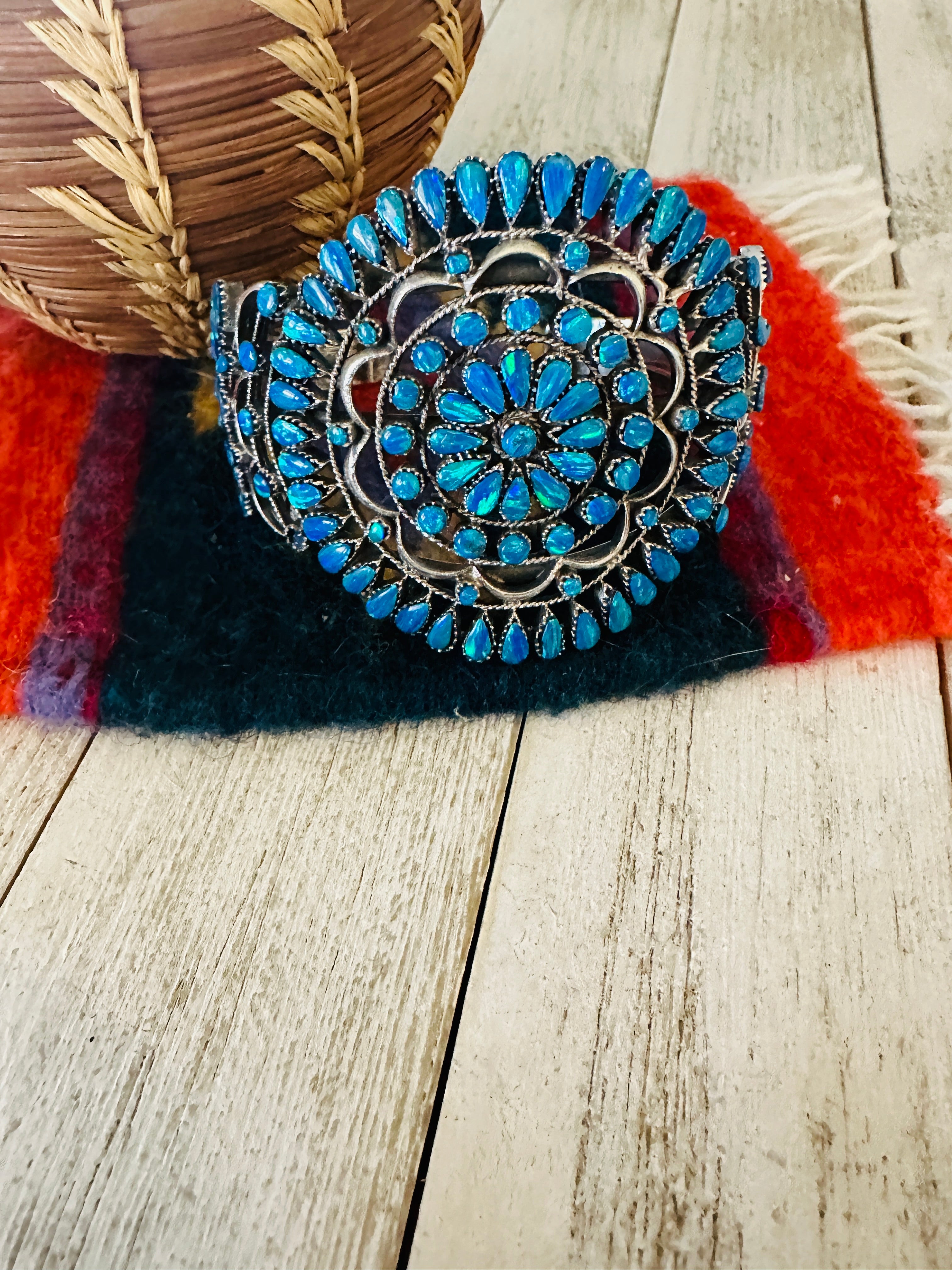 Nizhoni Handmade Sterling Silver & Blue Opal Cuff Bracelet /