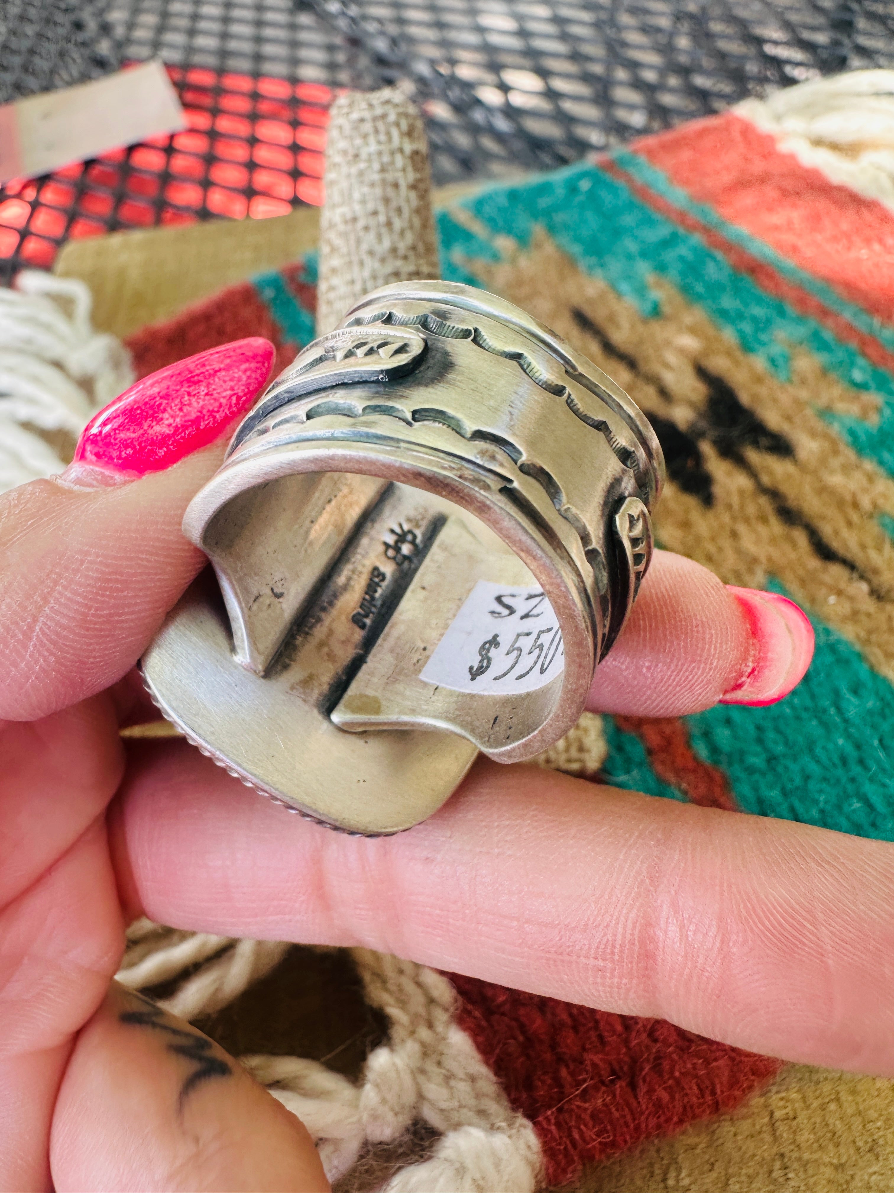 Handcrafted Sterling Silver & Number 8 Turquoise Ring Size 12.5